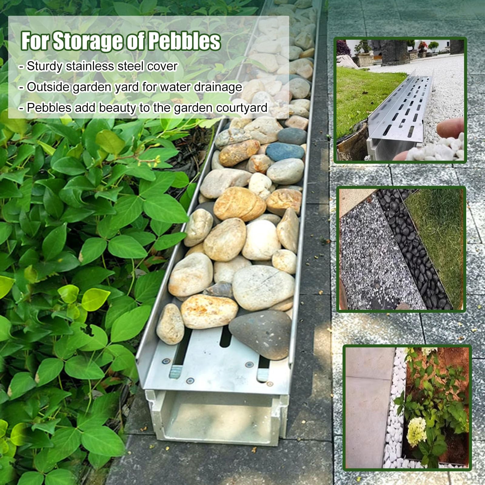 Rejilla de Drenaje para Zanja, Drenaje Exterior de 1 Metro con Rejilla metálica - Sumidero en Forma de U para entradas de vehículos de hormigón, macizos de Flores, guijarros y Piedras, Kit d