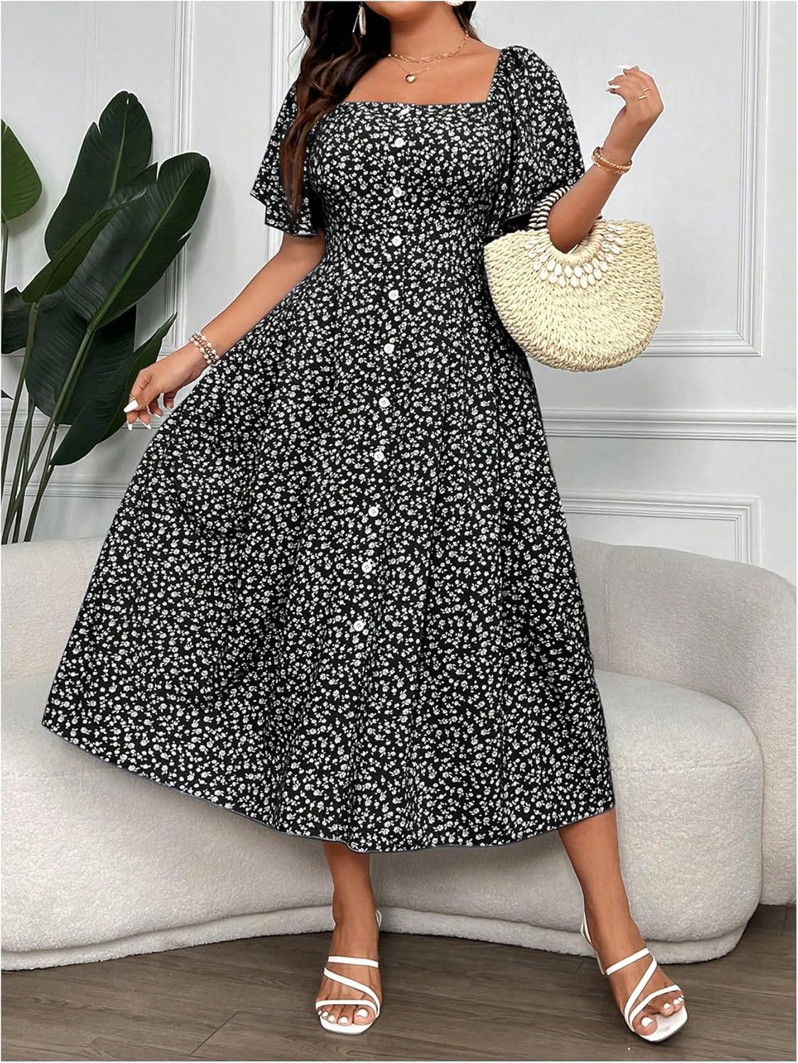 Floerns Women's Plus Size Summer Midi Dress Floral Square Neck Button Beach A Line Dresses - Image 4