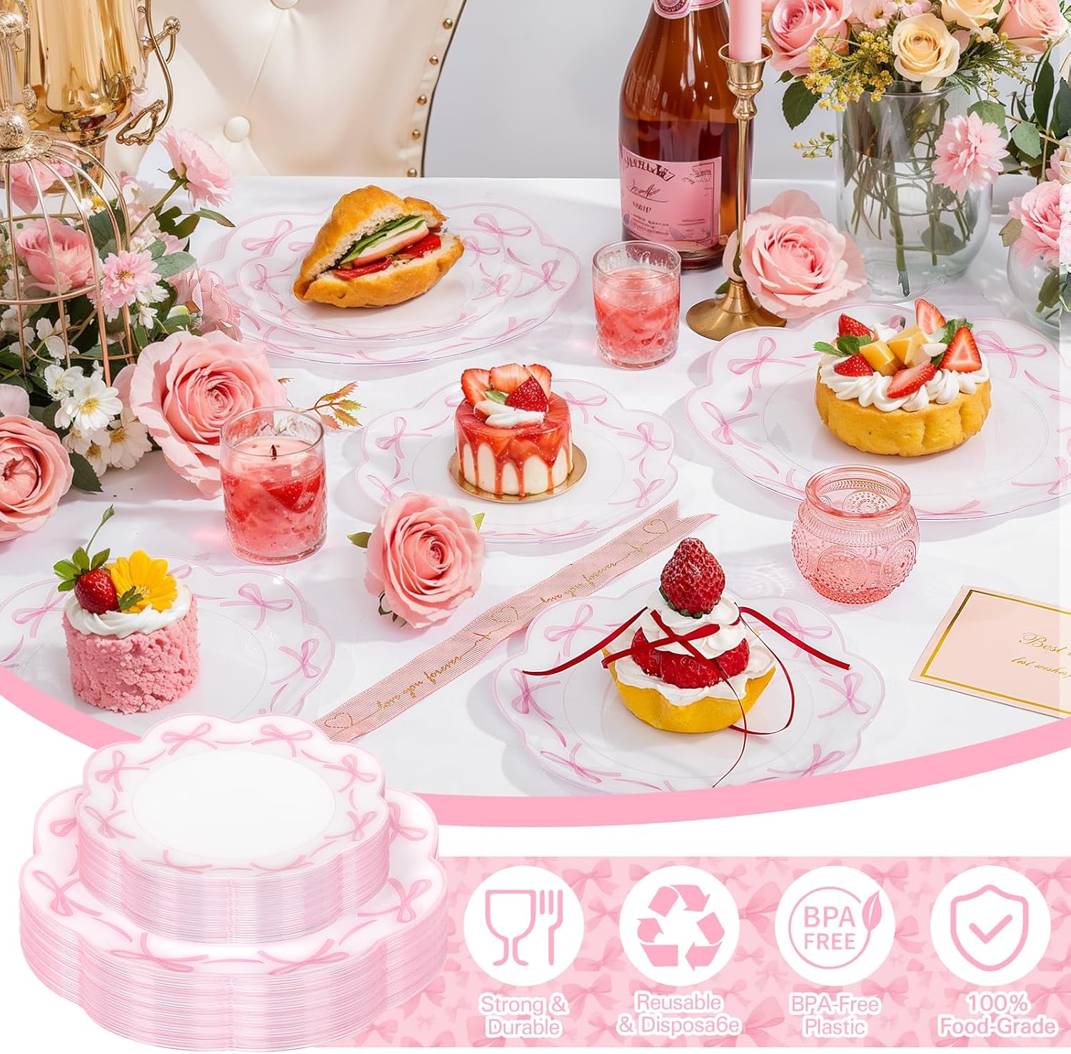 LIYH 60 Pcs Pink Bow Plastic Plates for Party - Pink Scalloped Scalloped Plates Disposable Heavyduty for Decorative Tableware for Holiday Party Decor Supplies - 10.25" Dinner & 7.5" Dessert Plate