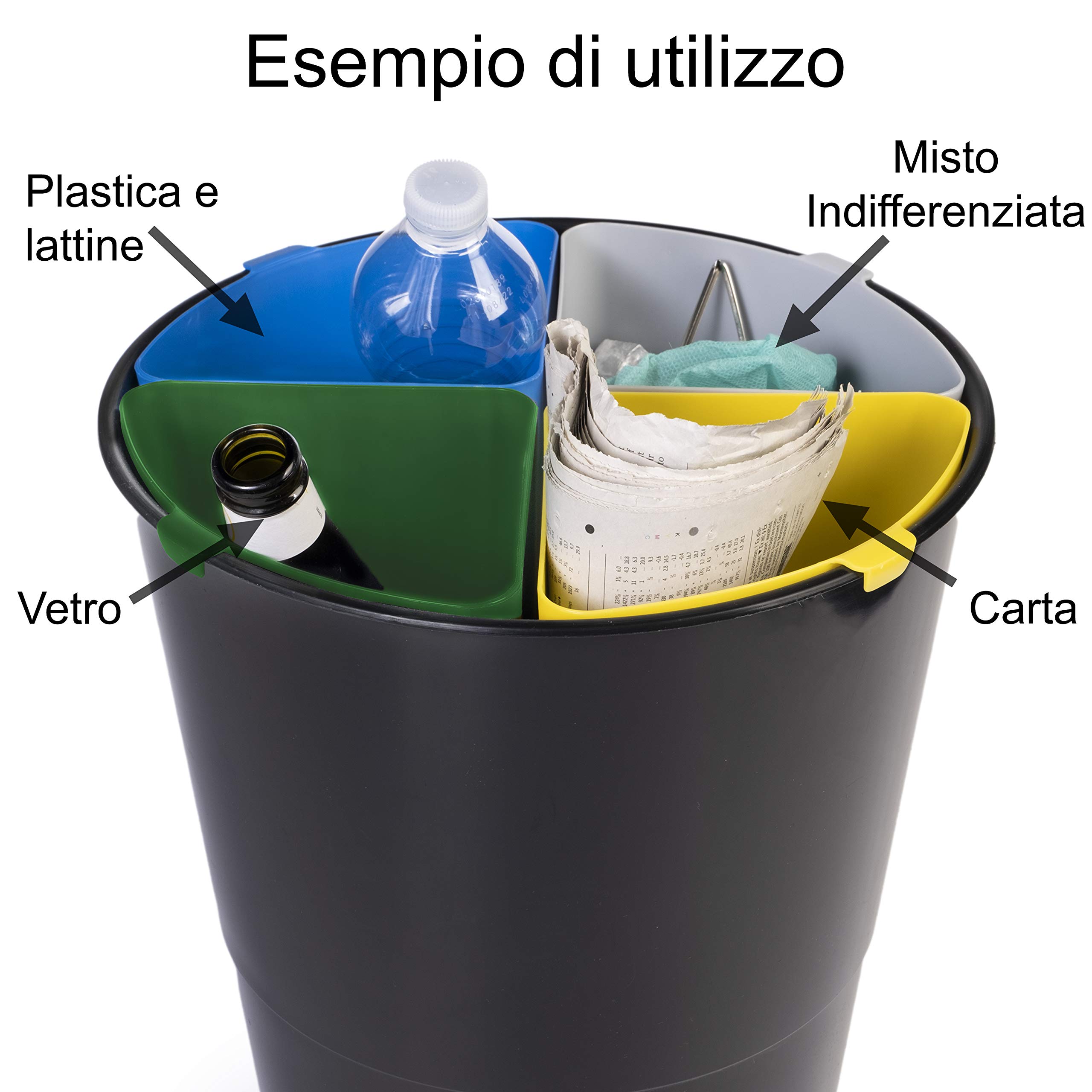 Everest Adv - COMPATTO - Cestino Spazzatura Differenziata 17 Litri | Con 4 Scomparti per la Piccola Raccolta Separata di 4 tipi di Rifiuti in un Unico Contenitore