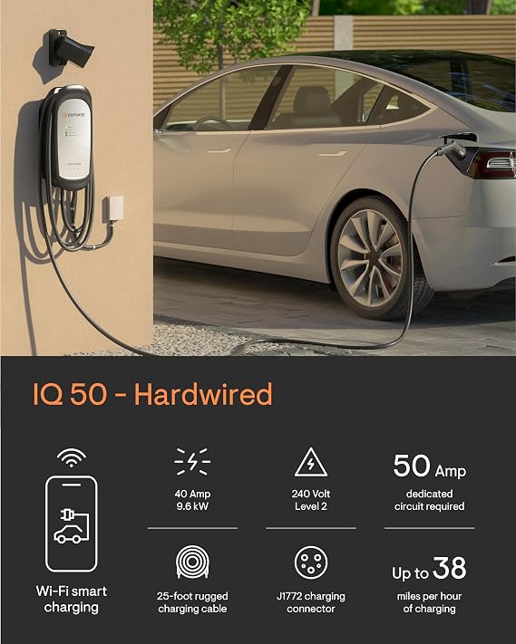 40 Amp Smart Level 2 EV Charger - Enphase IQ 50 (Formerly ClipperCreek), Hardwired, Electric Car Charger with J1772 Connector, 25ft Cable for Home Use
