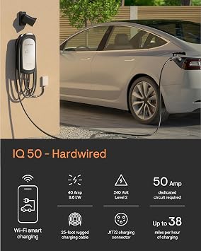 40 Amp Smart Level 2 EV Charger - Enphase IQ 50 (Formerly ClipperCreek), Hardwired, Electric Car Charger with J1772 Connector, 25ft Cable for Home Use
