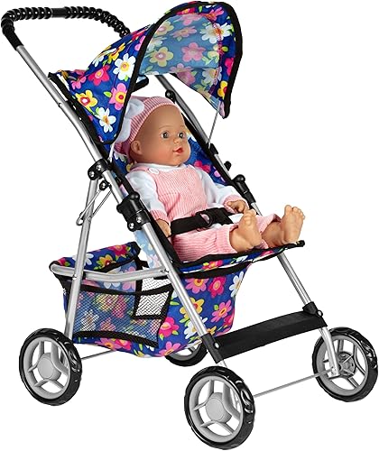 Miniatura 6 de fash n kolor® - Cochecito de muñeca bebé de lujo con ruedas grandes - Diseño de flores con cesta en la parte inferior - Cochecito de muñeca bebé