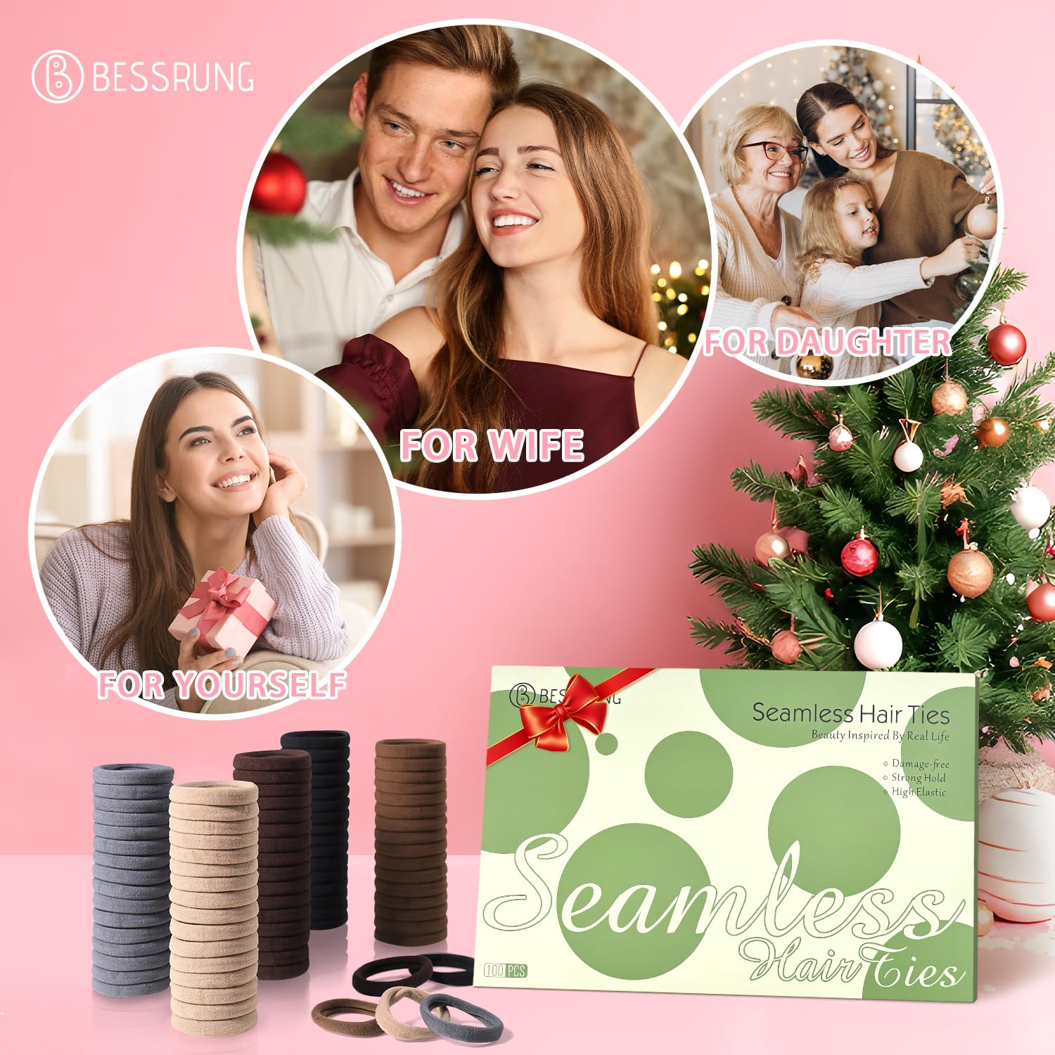 100 Pcs Thick Seamless Hair Ties, Ponytail Holders Hair Accessories No Damage for Thick Hair Christmas Gift(Dark Brown Colors)