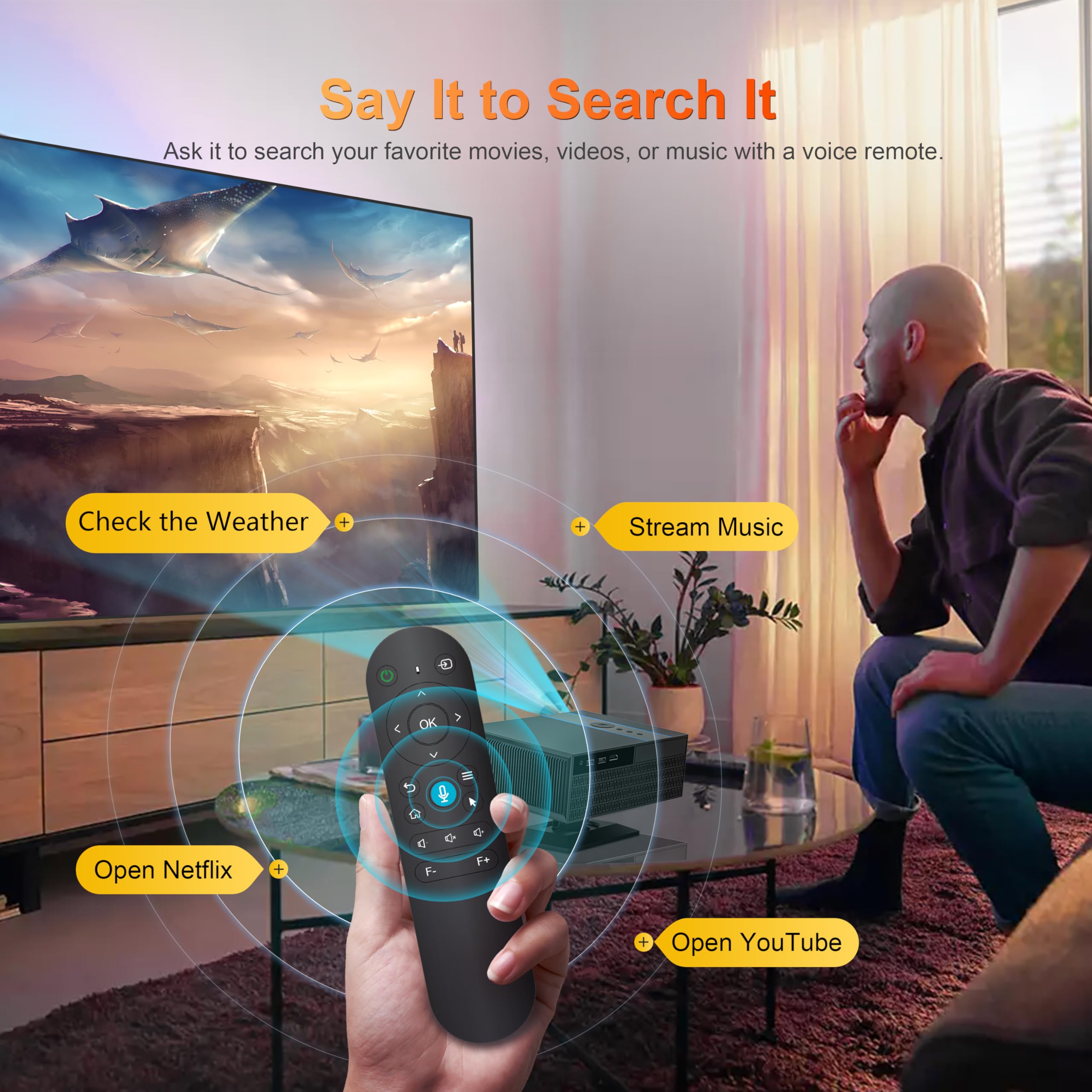 Automatyczne ustawianie ostrości: inteligentny projektor z WiFi i Bluetooth, zoomem i keystone, przenośny projektor filmowy 1080p z regulowaną podstawką 360°, obsługa 4K do kina domowego, sypialni