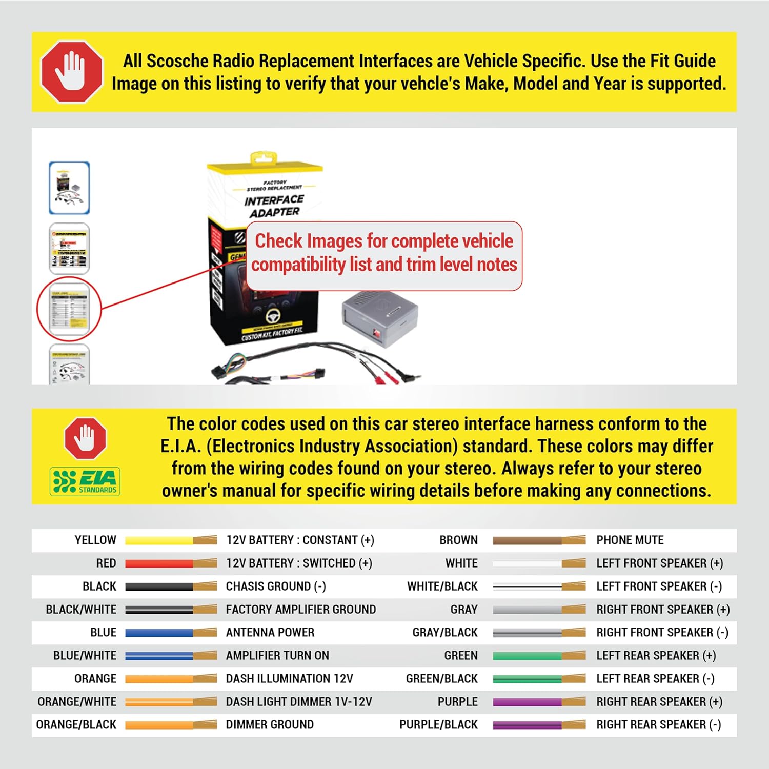 EIA standard wiring color codes for car stereo installation, showing connections for battery, ground, amplifier, lights, and speakers.