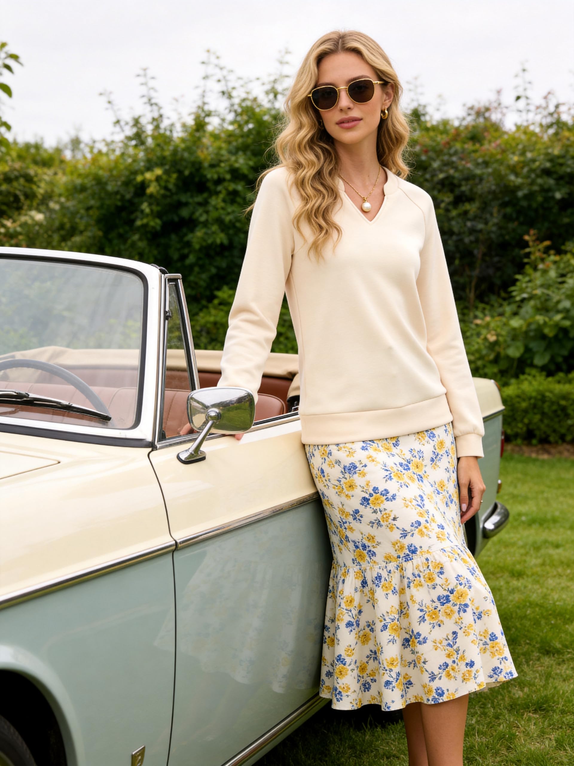 Aottori Felpa Donna Senza Cappuccio Cotone Maniche Lunghe Maglia Scollo a V Elegante Largo Maglione Casual Top Tinta Unita