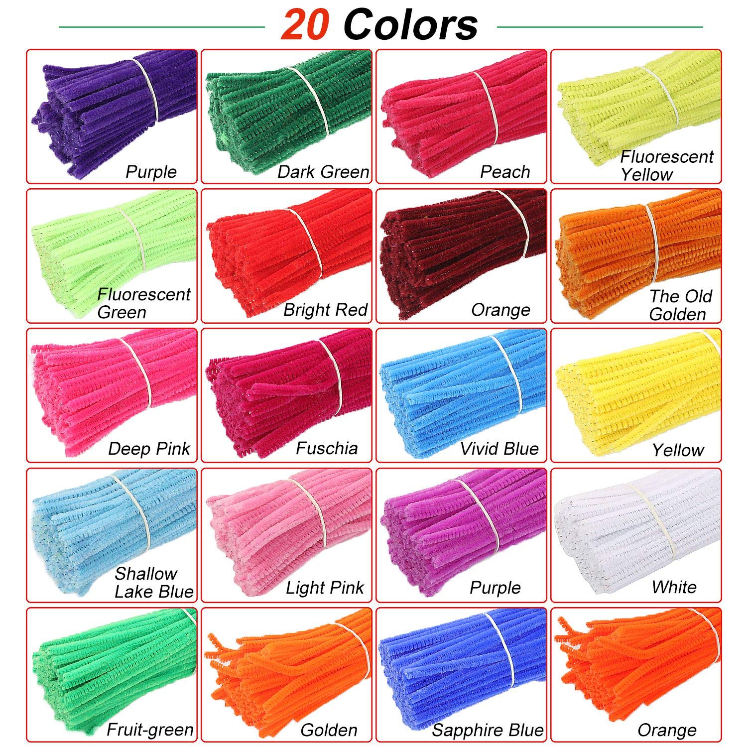 2000 Pieces Pipe Cleaners Assorted Colors Chenille Stems for DIY Art Craft Decorations, 20 Colors Craft Pipe Cleaners for Creative School Projects, 6 mm x 12 Inch image 3