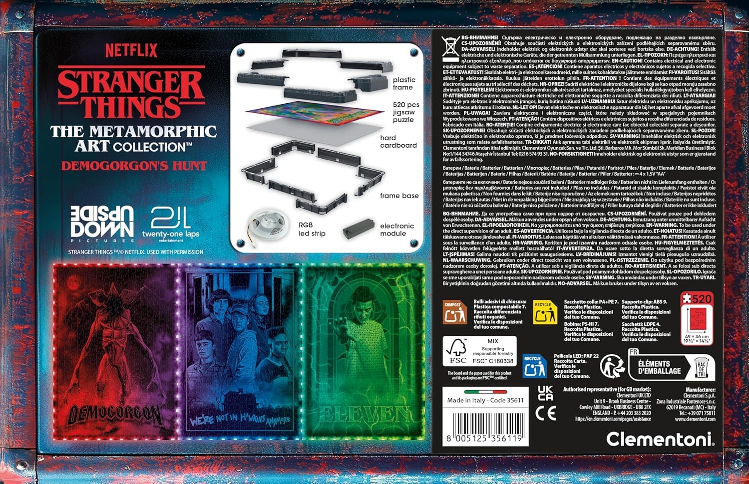 Clementoni - Puzzle Stranger Things - The DEMOGORGON'S Hunt, con luz LED: Rompecabezas de 520 Piezas, Escena Que Cambia de Color con Eleven contra Demogorgon
