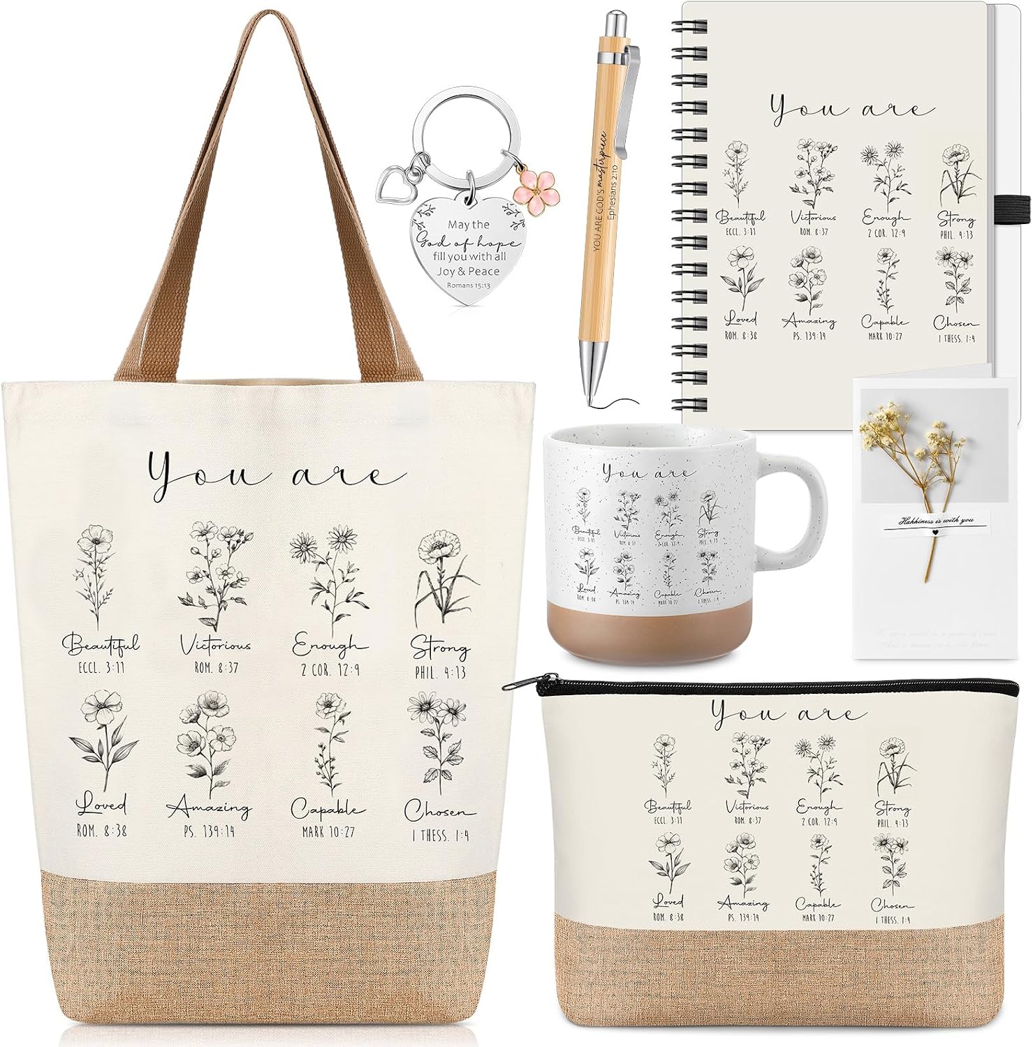 Suclain 7 Pcs Christian Religious Gifts, Spiral Notebook, Coffee Mug, Bible Bag, Ballpoint Pen, Makeup Bag, Inspirational Keychain for Women Easter Birthday Graduation Appreciation Gift(Christian)