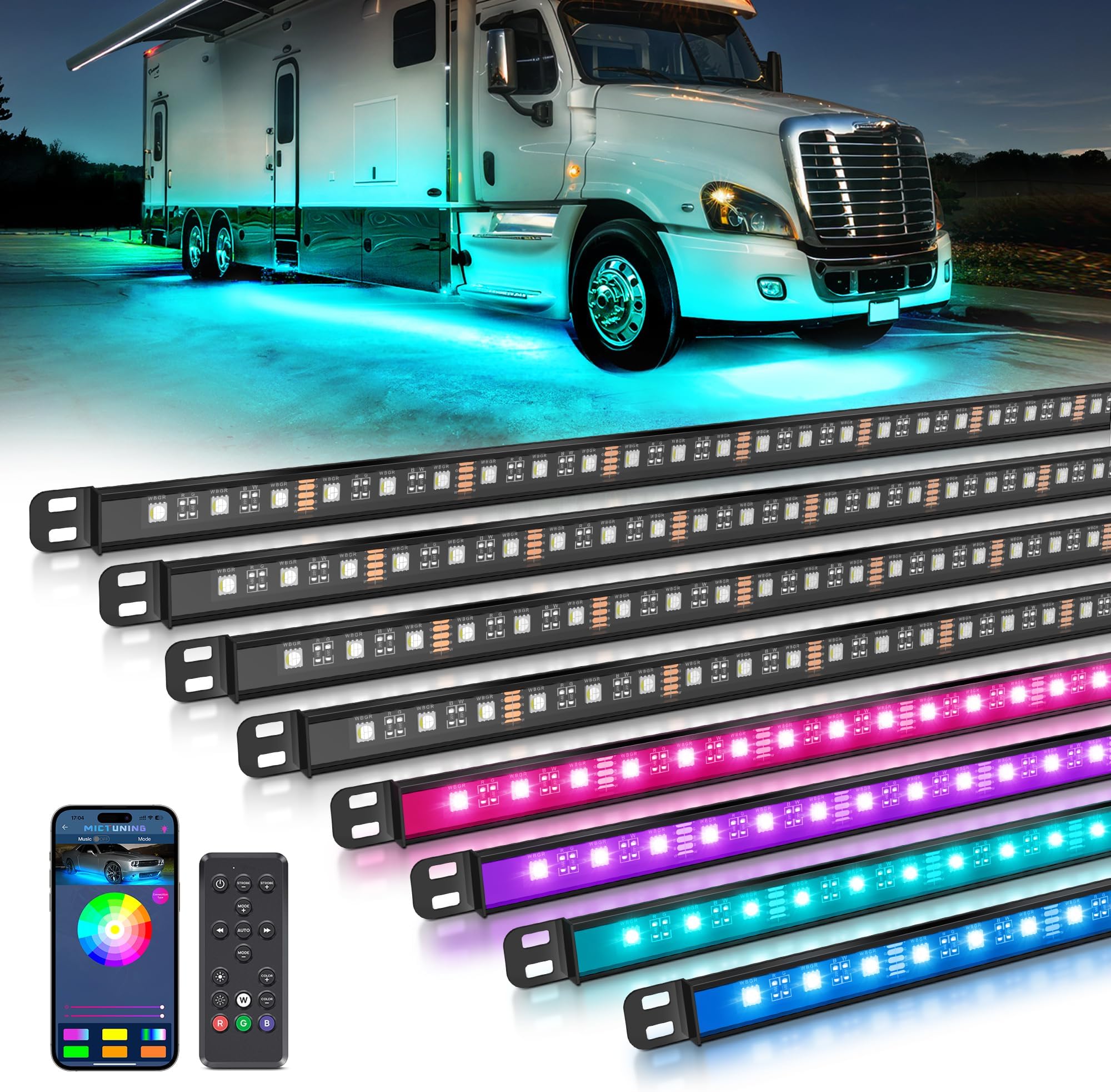 MICTUNING N8 RGBW Underglow Light Bars Specially for RVs, App/Remote Control, Aluminum Housing Waterproof, Exterior Neon Accent Underbody LED Light Strips, w/ 2PCS 11.5FT Extension Cords, 8PCS
