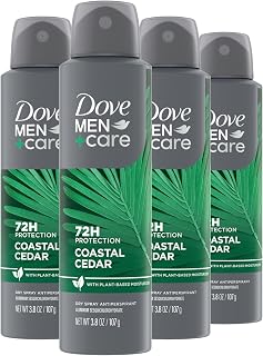 Dove Men+Care Dry Spray Antiperspirant Cedarwood + Tonka 4 Count 72H Protection with a Plant-Based Moisturizer 3.8 oz