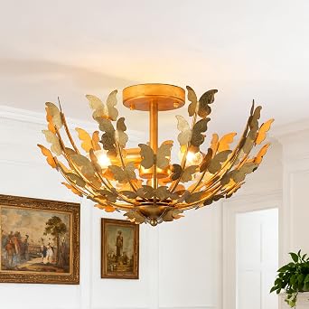 Modern Butterfly Gold Semi Flush Mount Ceiling Light, 18" 4-Light Nature-Inspired Butterfly Chandelier with Hand-Painted Gold Finish, Elegant Floral Iron Ceiling Lamp for Bedroom, Nursery, Dining Room