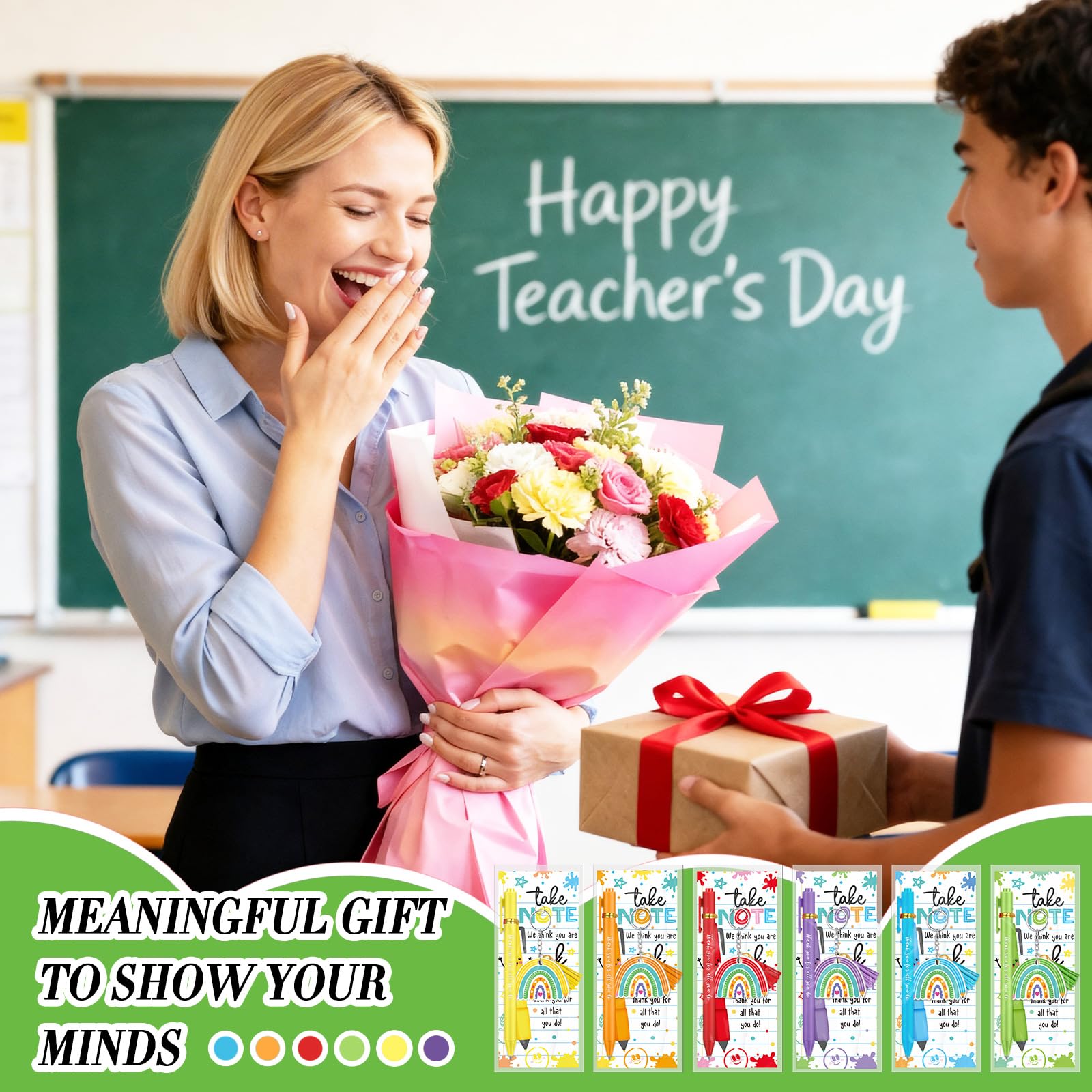 72 Pcs Teacher Appreciation Gifts Bulk End of the Year Teacher Gifts with Acrylic Rainbow Keychain Ballpoint Pen Thank You Cards for Teachers Office