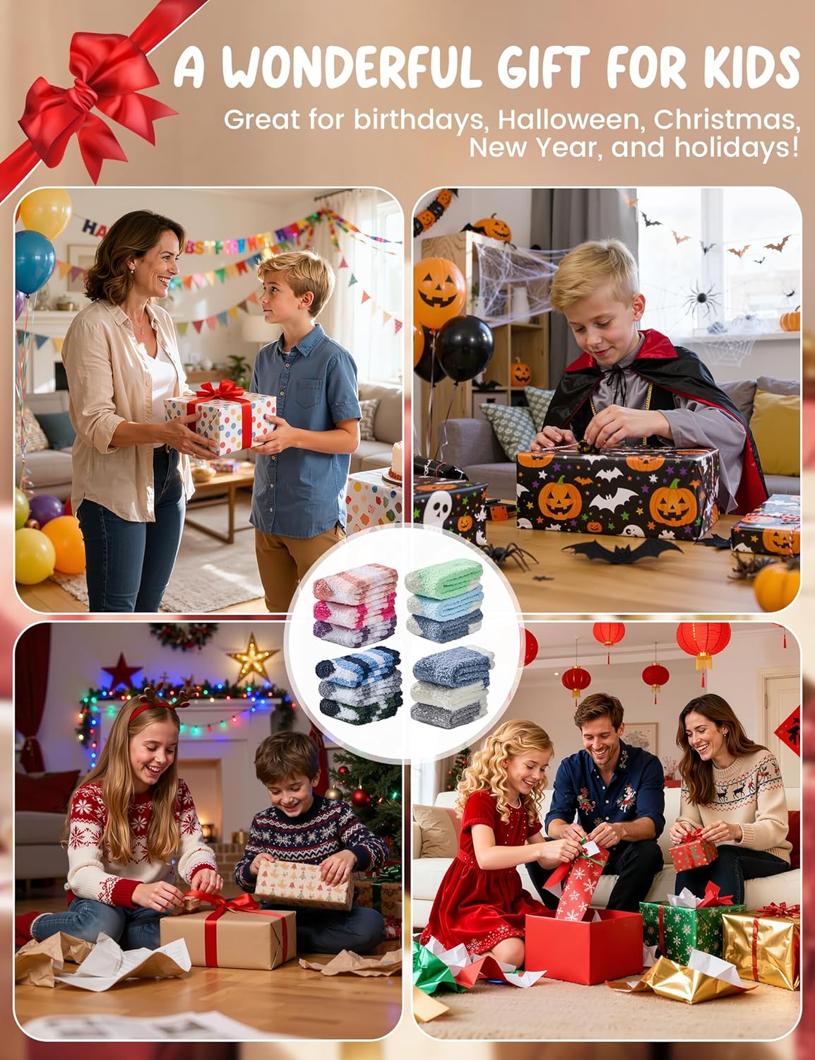 Durio Kids Fuzzy Slipper Socks with Non-Slip Grips - 3 Pairs Cozy Warm Crew Sock for Boys Girls, Soft Toddler Winter Socks - Image 7