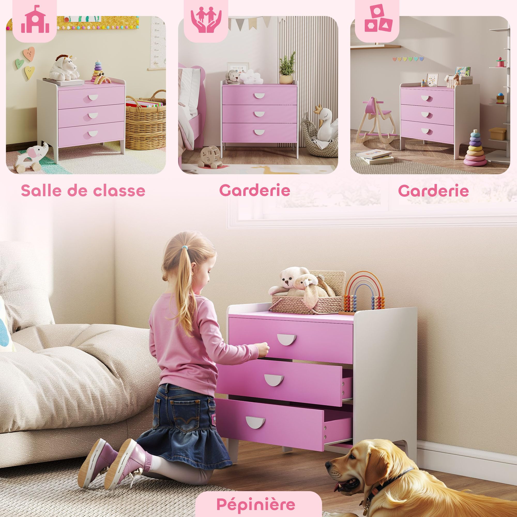 AIYAPLAY Kinderkommode, Aufbewahrungskommode mit 3 Schubladen, Aufbewahrungsmöbel Kinderzimmer, Kinderkrippe, Spielzimmer, 60 x 40 x 60 cm, rosa