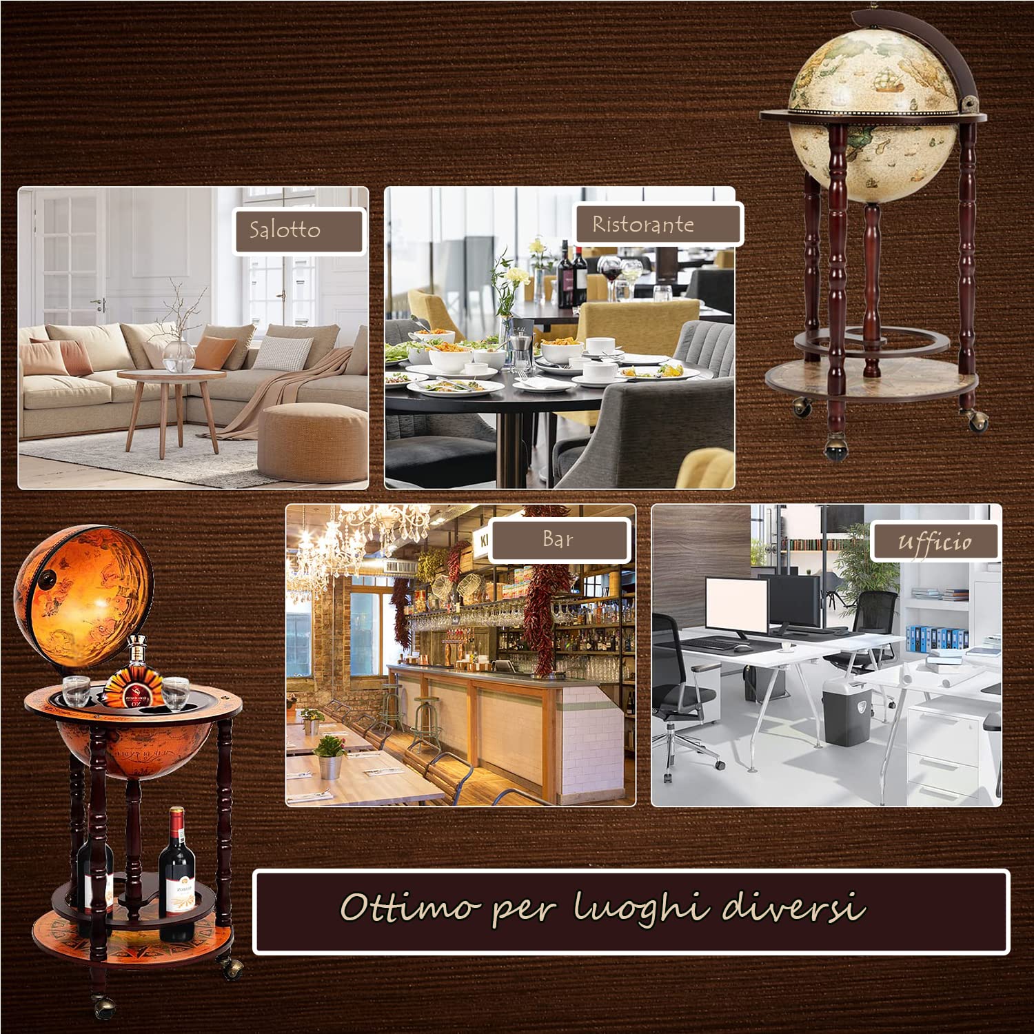 RELAX4LIFE Carrello da Bar con Globo, Tavolo da Bar a 2 livelli in Legno di Eucalipto Naturale, Mobile da Bar in Stile Vintage con Ruote Girevoli per Vini e Liquori