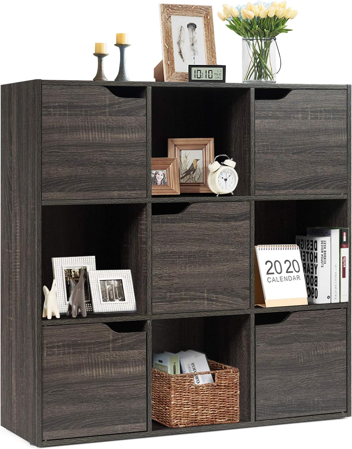 CASART 6/9 Cube Storage Unit, Wooden Modern Bookcase 3 Tiers Cabinet with Doors, Home Office Room White Display Organiser Shelf (9 Cube: 90 x 29 x 90cm, Dark Grey)