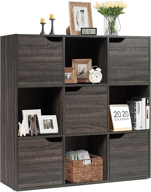 CASART 6/9 Cube Storage Unit, Wooden Modern Bookcase 3 Tiers Cabinet with Doors, Home Office Room White Display Organiser Shelf (9 Cube: 90 x 29 x 90cm, Dark Grey)
