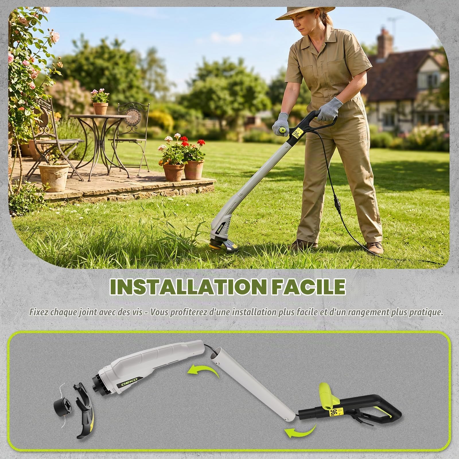 DEKOPRO Coupe Bordure Filaire 250 W: Débroussailleuse Êlectrique à Double Fil de 23 cm, Alimentation Automatique, avec 3 Bobines de Fil, pour Pelouses, Jardins et Mauvaises Herbes