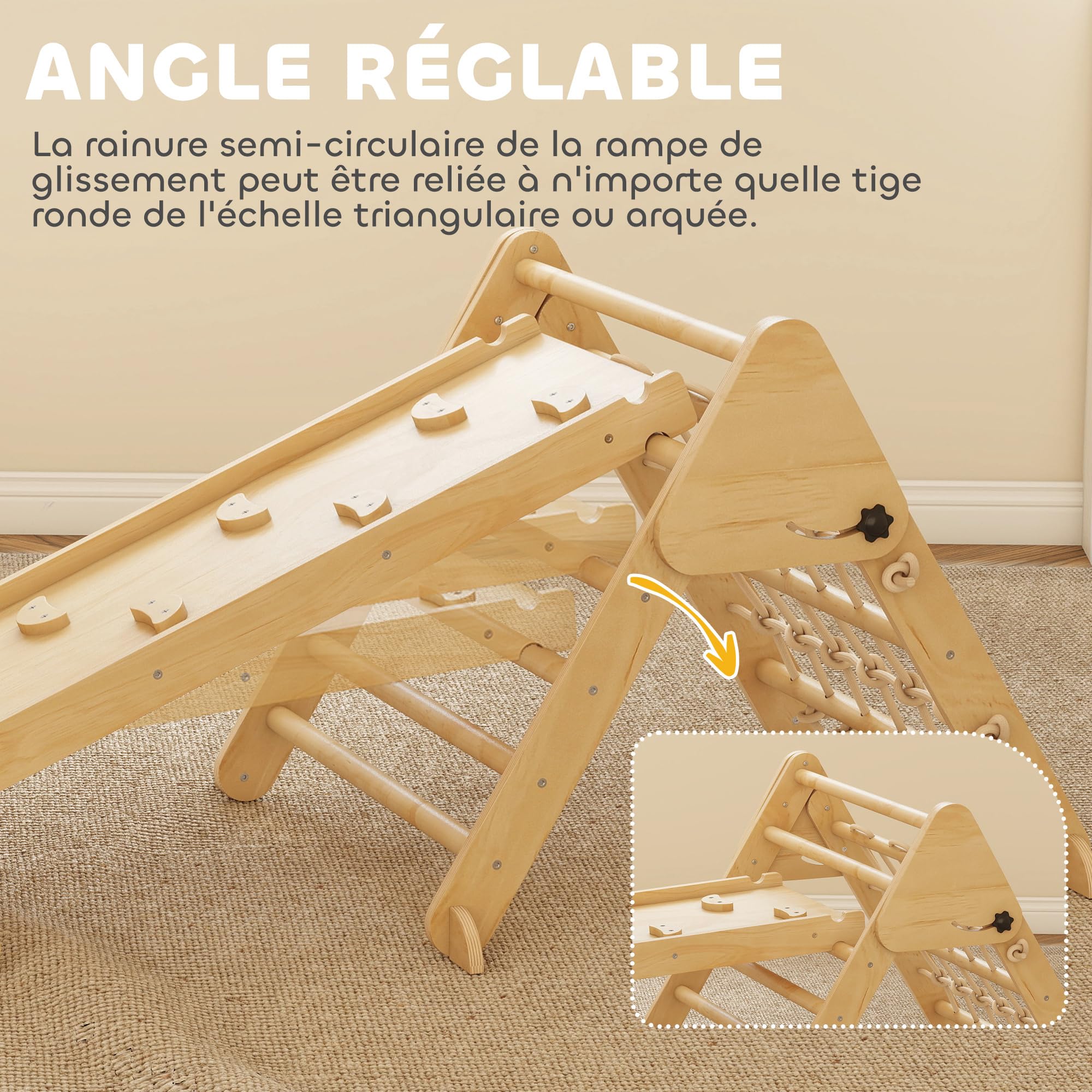 AIYAPLAY 8 en 1 triángulo de Escalada para niños con rampa Doble Cara, Arco de Escalada de Madera álamo con tobogán y Escalera, Carga 50 kg para deslizarse o Escalar bebé de 18 a 48 Meses, Natural