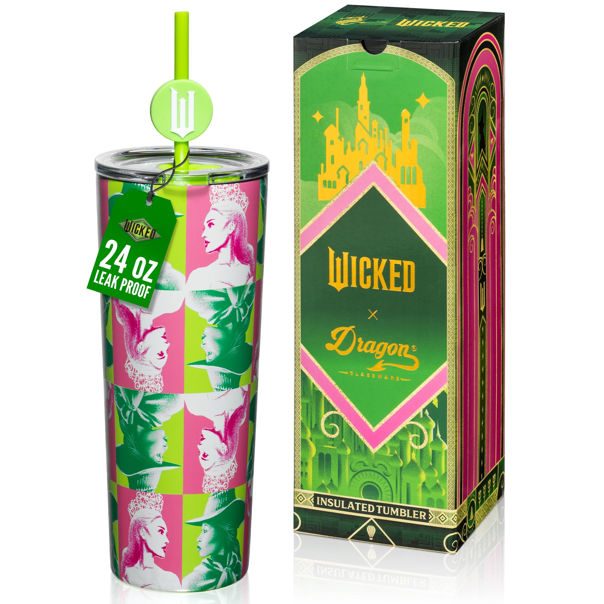 Dragon Glassware x Wicked Stainless Steel Tumbler, 24 oz - Portraits | Vacuum Insulated Wicked Cup with Lid & Straw For Water & Iced Tea; With Straw Charm; Official Wicked Merch Wicked - Portraits 24 Ounces
