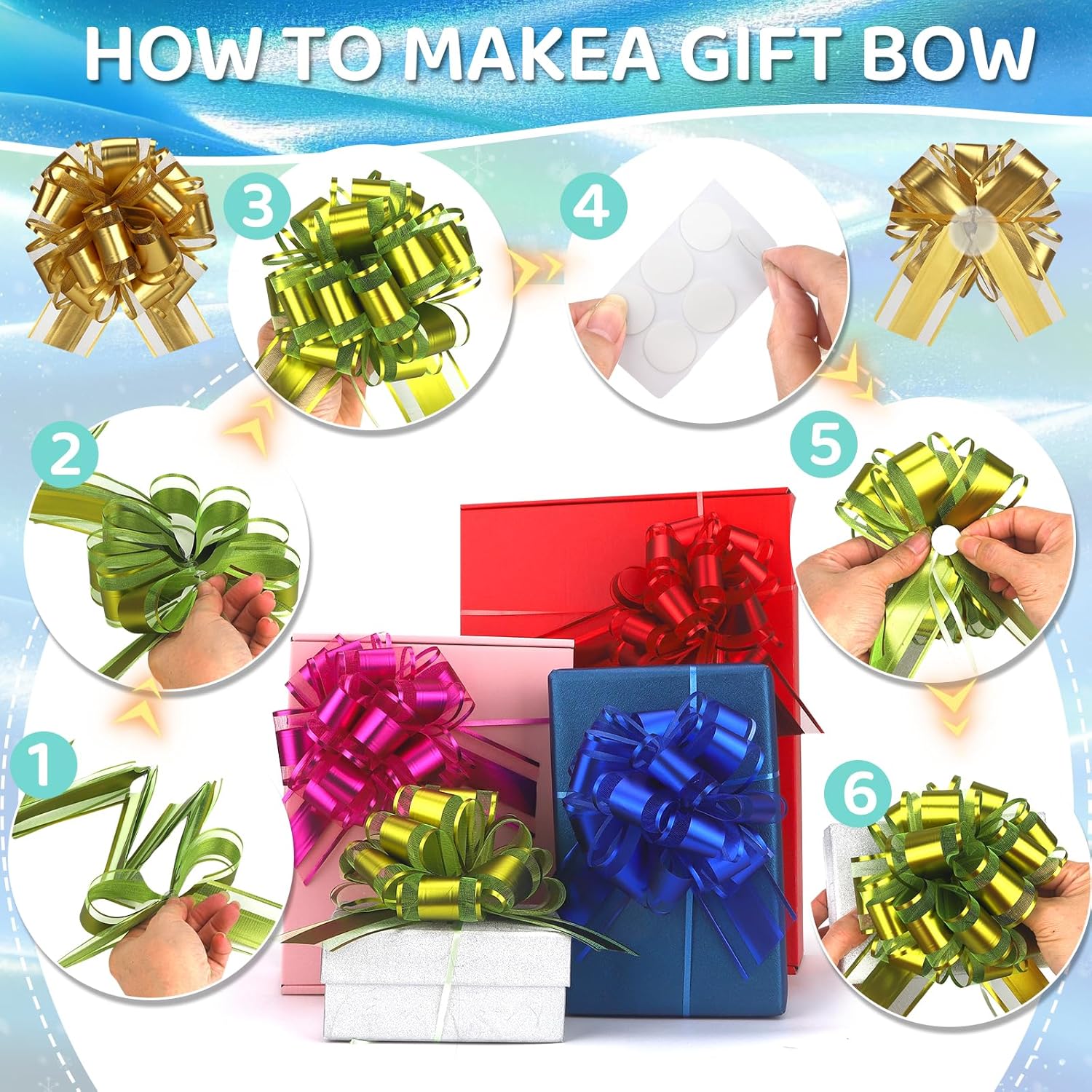 24Pcs Large Gift Bow Ribbon 6 Inch Pull Bows for Baskets Gift Warpping Christmas Adhesive Matte Warp Bow for Presents Party Birthday Anniversary Boxes Flower Valentine's Day (24Pcs-Mix Colors-H) - Image 3