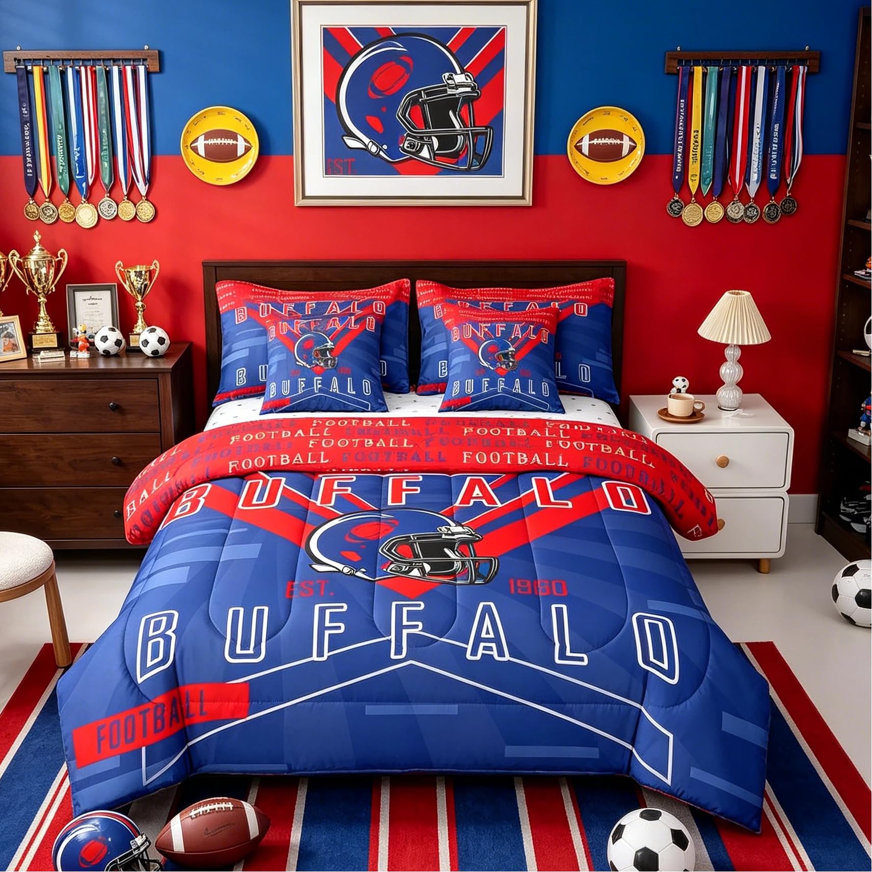 Feelyou Football 7 Pieces Comforter Sets Queen Size Rugby Sports Bedding Set for All Season Football City Bed in a Bag with Comforter, Sheets, Pillowcases & Cushion Cover