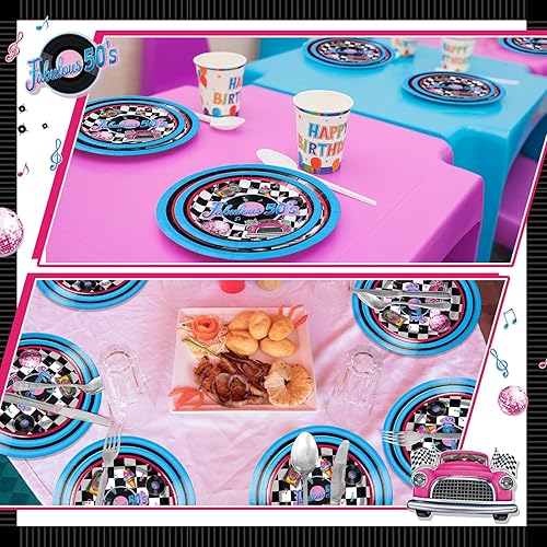 Miniatura 4 de Yungyan 50 platos temáticos de los años 50 de 9 y 7 pulgadas, platos de postre desechables de la década de 1950, vajilla de papel de calcetín hop,