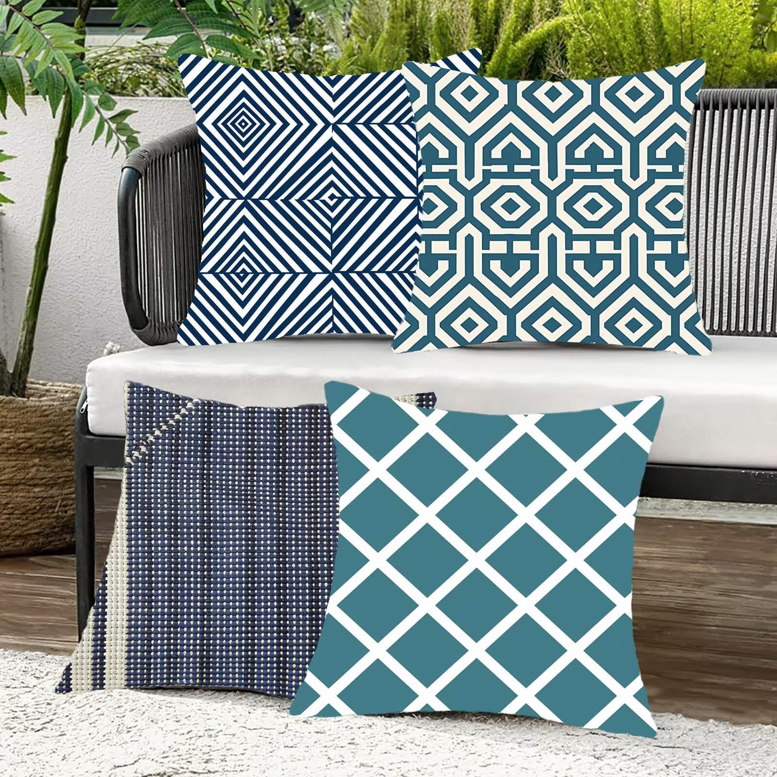 Kissenbezug 60x60 cm Geometrie 4er Set Sofakissen Superweichem Doppelnähten Versteckter Reißverschluss Blau Outdoor Kissen Leinen gelten für Auto Terrassen-Gartenbank Wohndeko Schlafzimmer Sofa H-Q