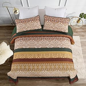 DJY Boho Quilt Set King Size Brown Green Bohemian Striped Bedspread Coverlet Set, Boho Floral Pattern Soft Microfiber Quilted Bedding Set for All Season, 104''x90''