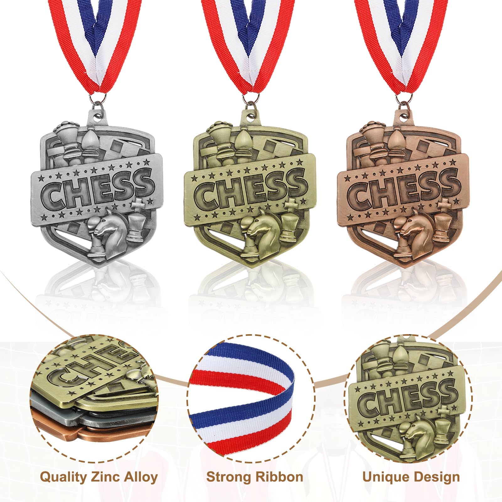 PATIKIL Medallas de Oro, Plata y Bronce para Torneos de Ajedrez con Cintas Rojas, Blancas y Azules, 9 Piezas de Medallas de Ganador para Competencias, Fiestas, Oro/Plata/Rojo