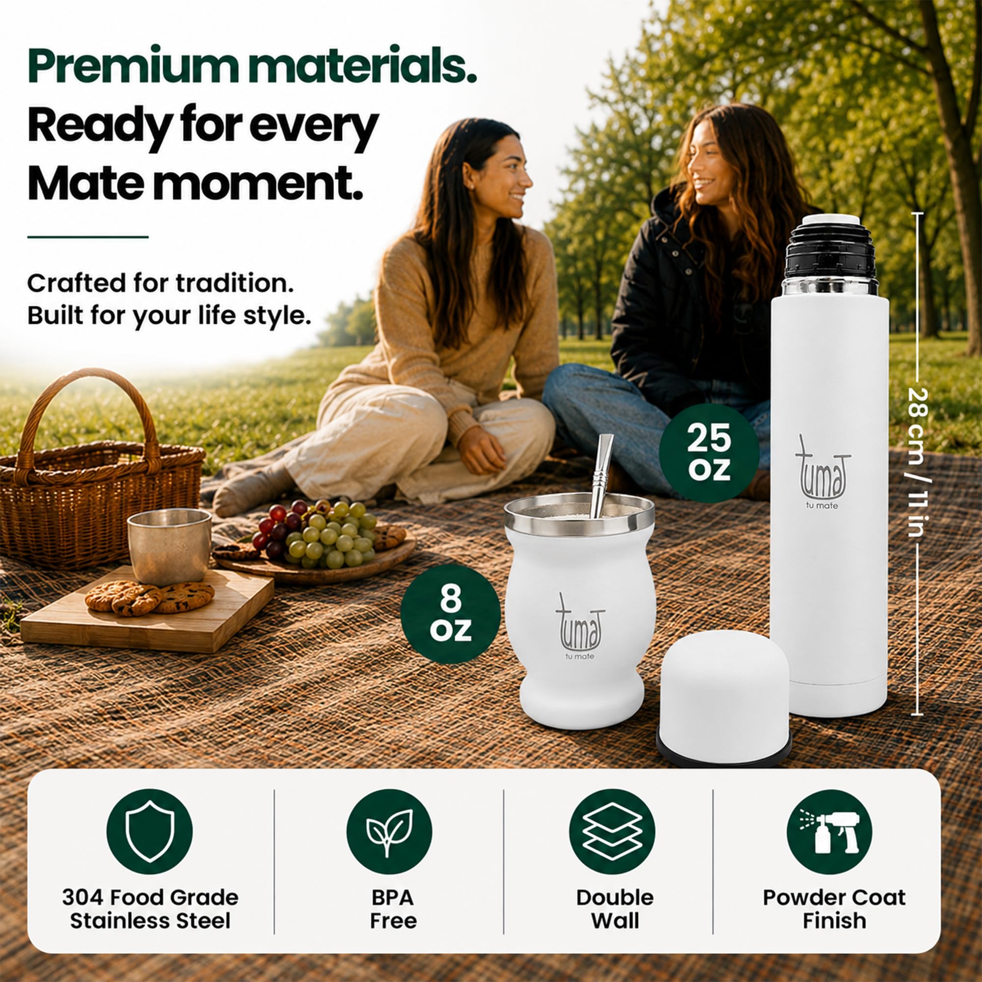 Yerba Mate Komplett-Set – inklusive matter Tasse, Strohhalm (Strahler), 750 ml Thermosflasche, Beutel und zwei Geschenken (Yerbero Behälter und Auto-Tauchwärmer) – Yerba Mattes Edelstahl-Set