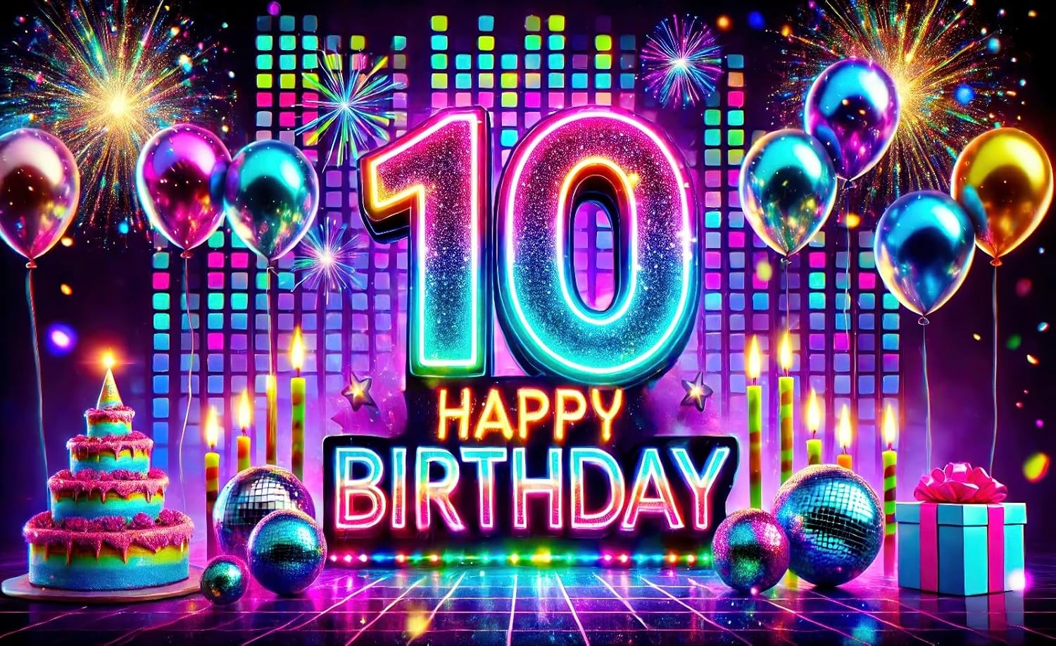 10th Happy Birthday Banner Glow in The Dark Party Photography Backdrops Neon Happy Birthday Party Banner Decoration for Kids Boys Girls Photo Backdrop Photo Prop 71x43 In UV Blacklight