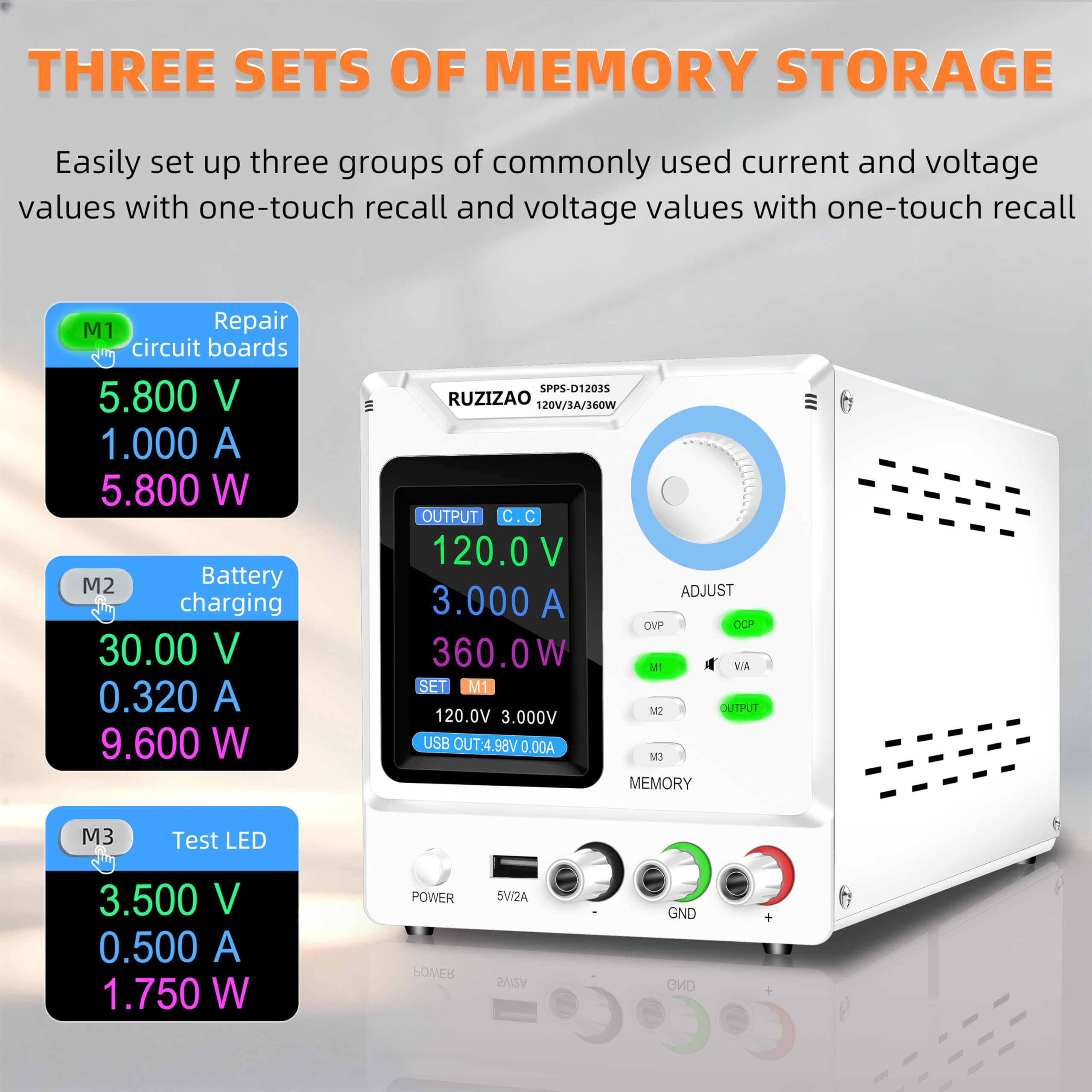 Labornetzteil 120V 3A 360W 4-stelliger TFT-Anzeige Encoder Einstellung Labornetzgerät Ausgangsschalter/Ladeerkennung Labor DC-Stromversorgungen mit OCP/OVP/Memory/Output-Taste