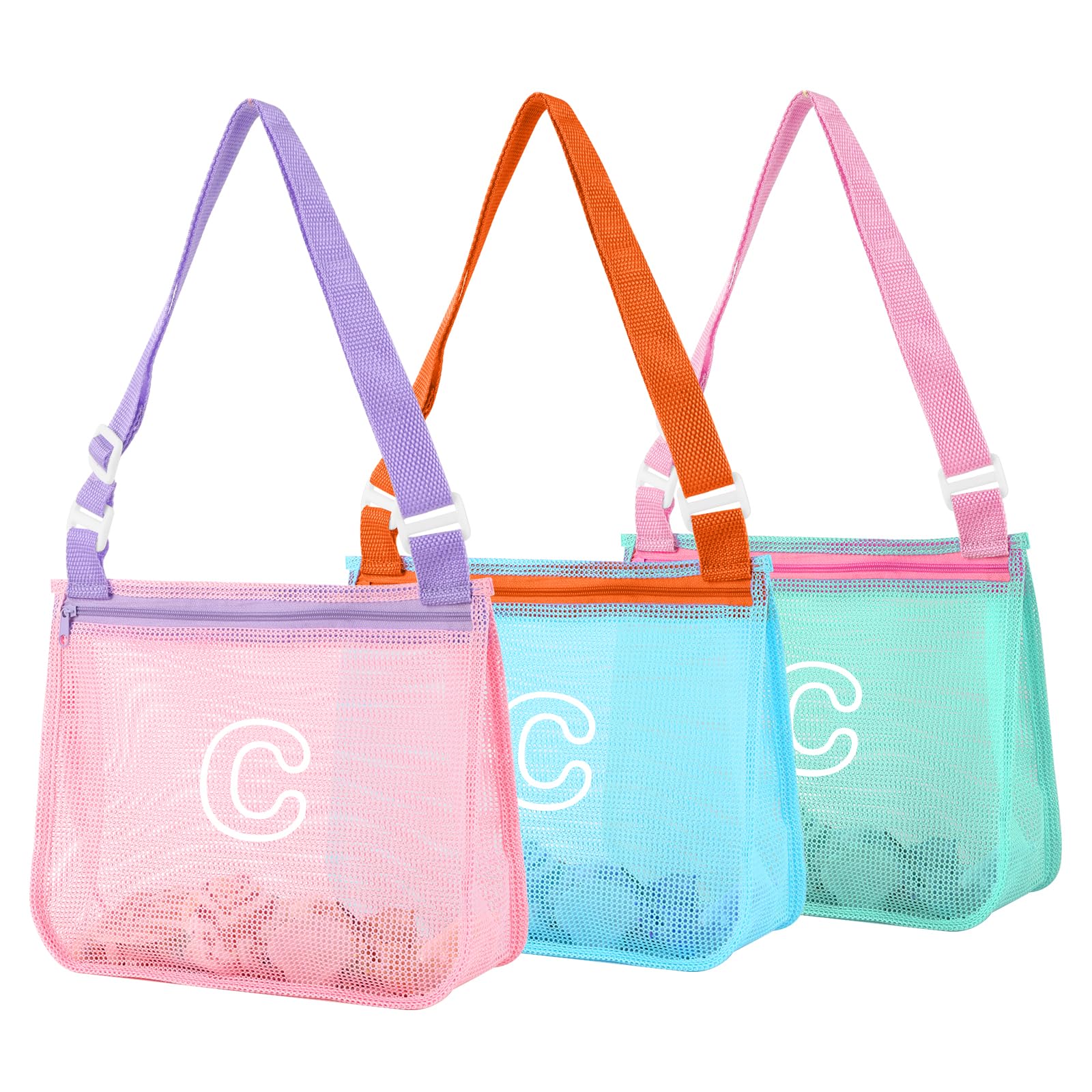 3Pcs Personalized Kids Beach Shell Bag, Initial Seashell Mesh Zipper Beach Pouch, Shell Collecting Bag for Holding Shells with Adjustable Straps, Sand Toys Swim Pouch Gift for Girl Boy Teens(Letter C)