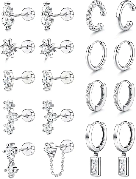 MILACOLATO 20G Hypoallergenic Flat Back Earrings for Women 316L Surgical Steel Flatback Stud Earrings Trendy Small Huggie Hoops Ear Cuffs Cartilage Earring Stacks Earring Sets for Multiple Piercing