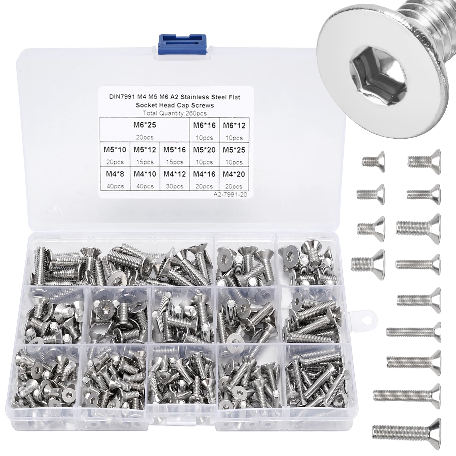 Juego de 260 tornillos planos M4/M5/M6 Hex Socket Acero Inoxidable 304, incluye estándar alemán A2-70 Flat Head Hex Socket Acero Inoxidable 304 tornillos para la industria electrónica