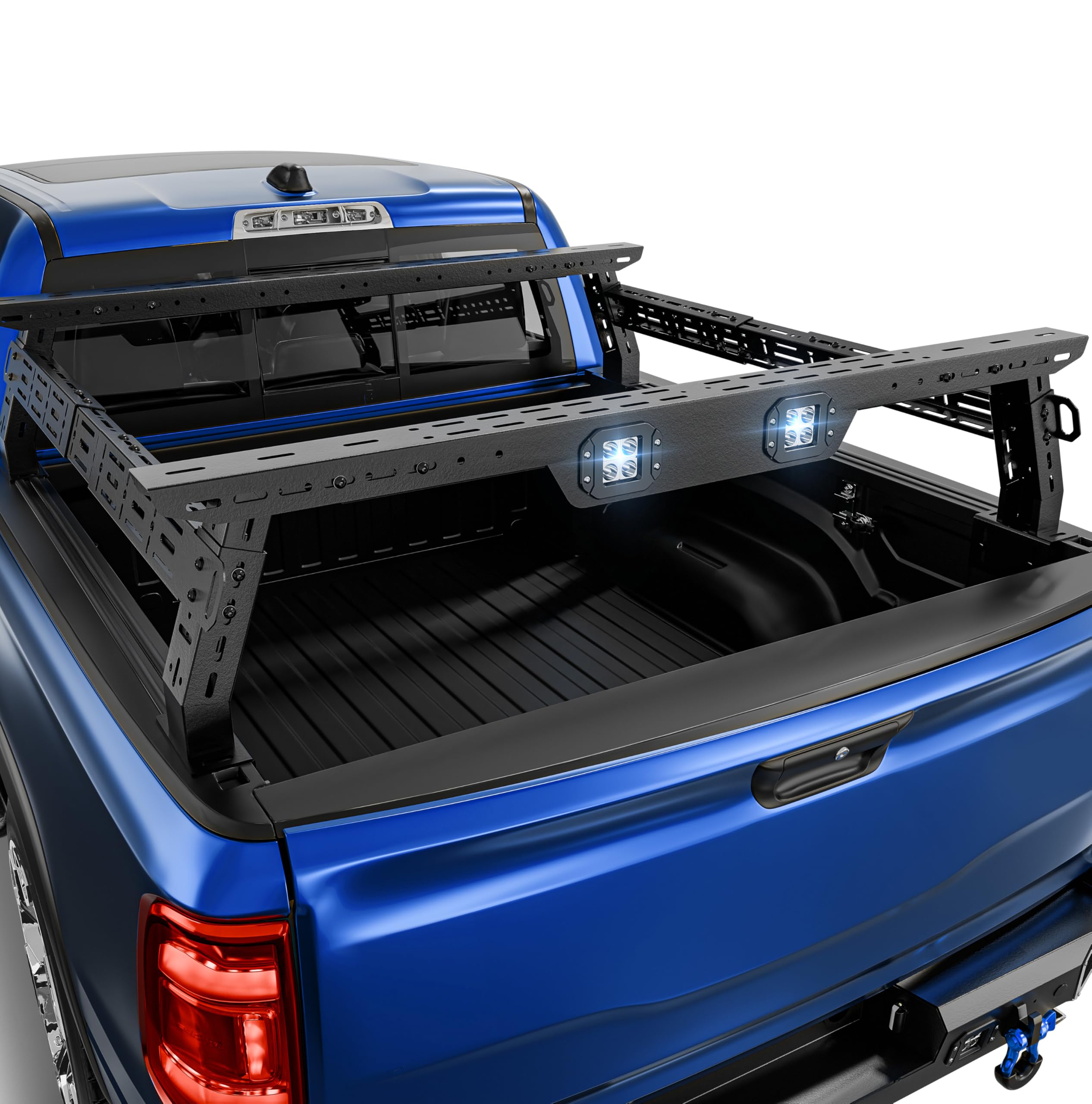 Overland Truck Bed Racks Adjustable 14.5-17.3" High Cargo Carrier Compatible for Ford F-150/Dodge Ram 1500/Chevy Silverado 1500/GMC Sierra 150 with 2 Led Lights Back Ladder Rack
