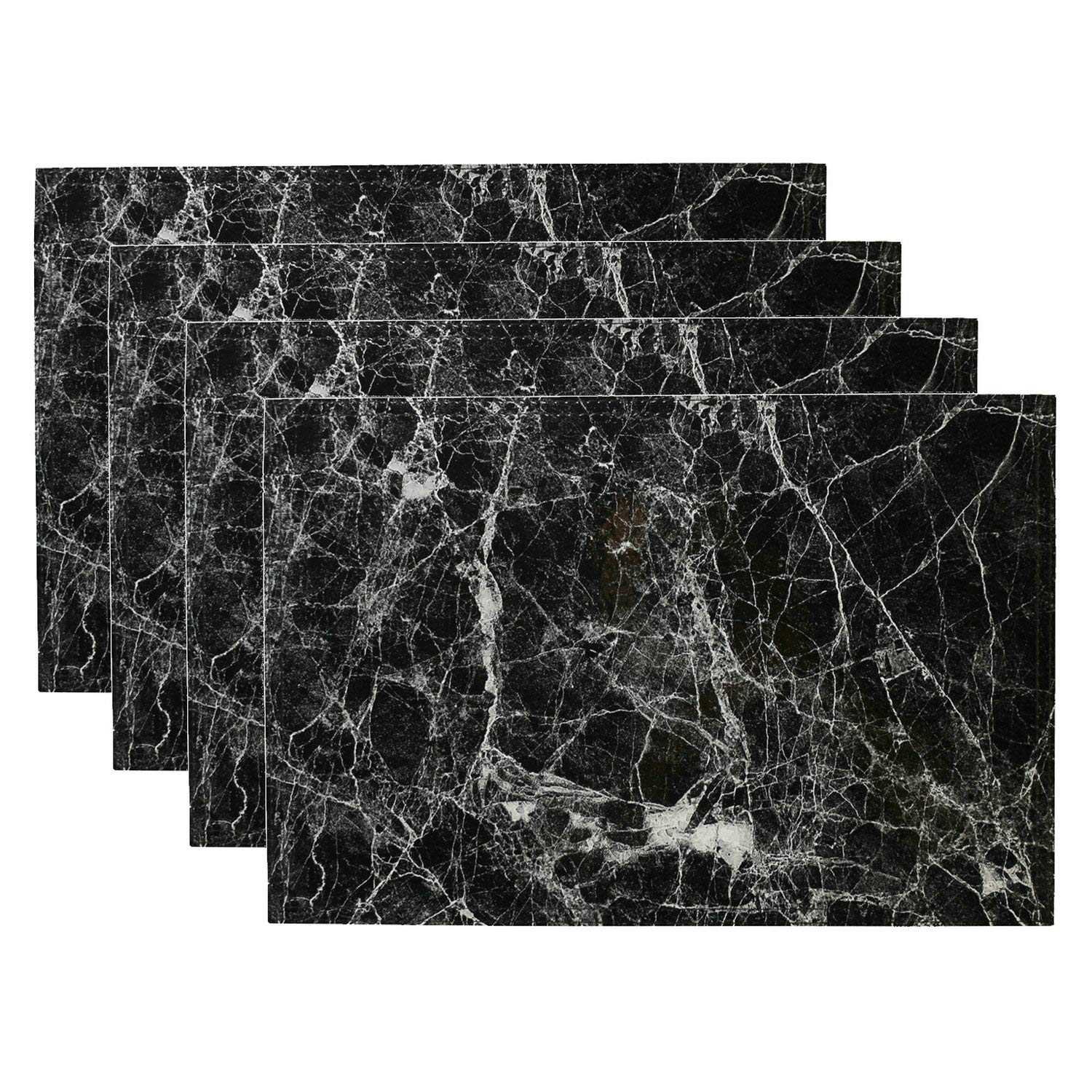 simpletome Placemats Marble Leather Table Mats Double Layer Easy Wiping Cleaning Set of 4 (Black)