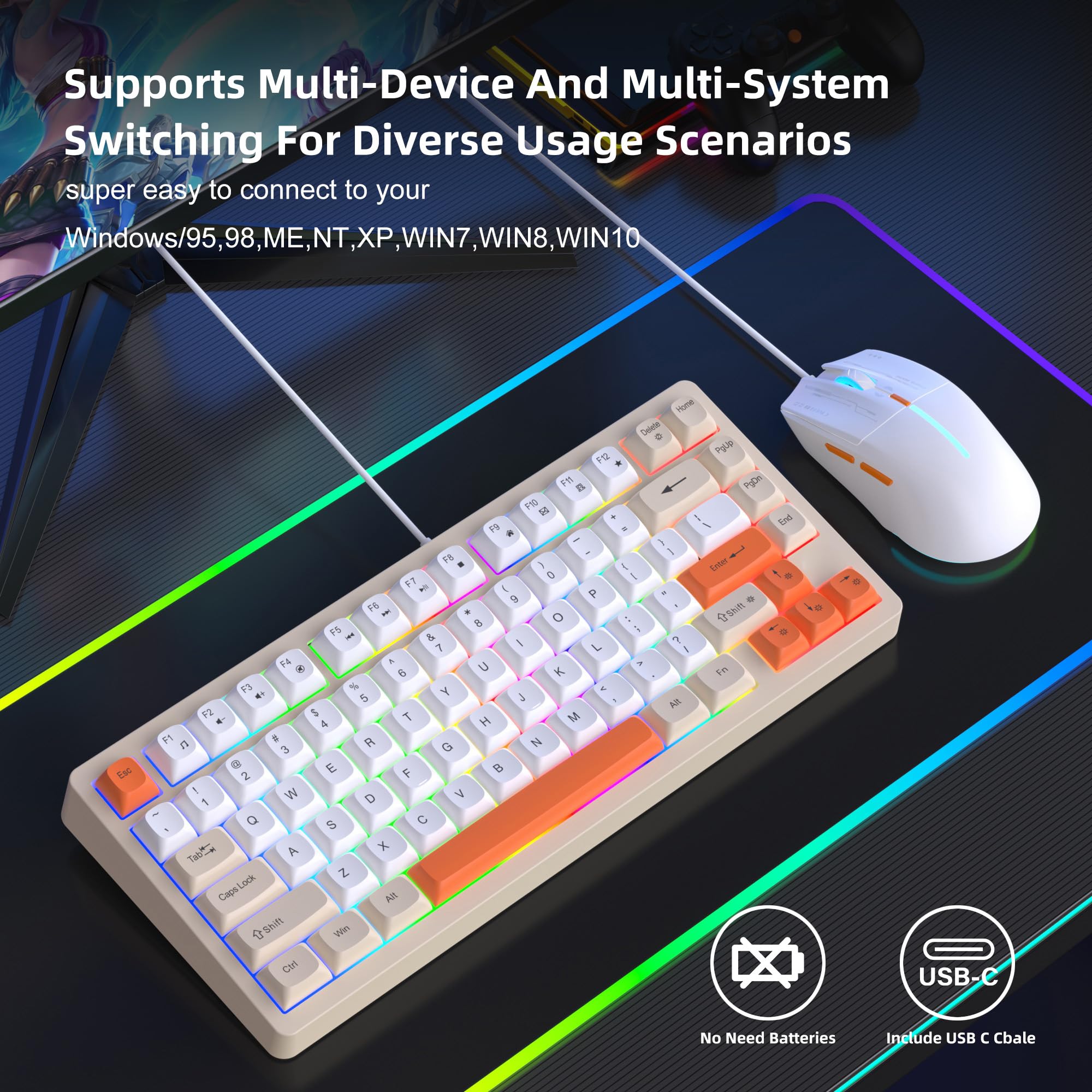Snpurdiri Combinazione di tastiera e mouse con cavo, tastiera meccanica compatta a 81 tasti, tasti rotondi retrò, tastiera da gioco retroilluminata arancione per laptop, facile da trasportare in
