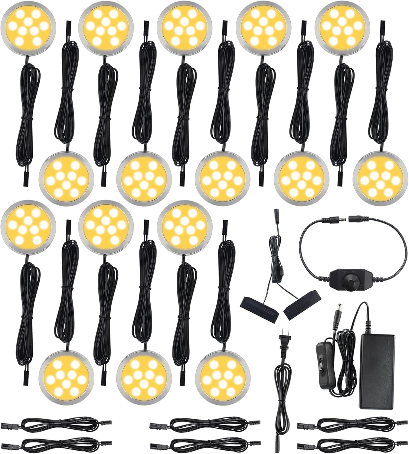 LED Puck Lights Kit for Under Cabinet Lighting, Rotary Dimmer Switch, Plug in & Hardwired, 120V AC Powered to DC12V, Black Cords, 16 Lights, Cool White