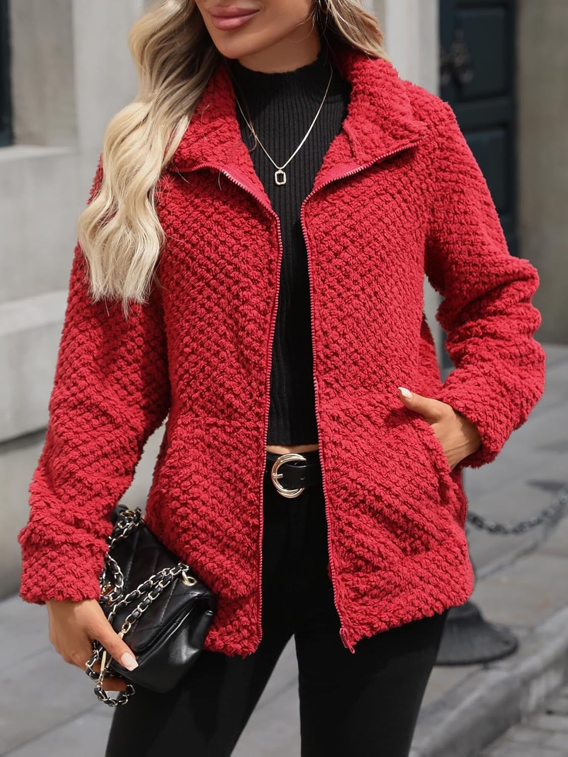 Women's Full Zip Stand Collar Fleece Sherpa Jacket with Pockets (S-5XL) - Image 2