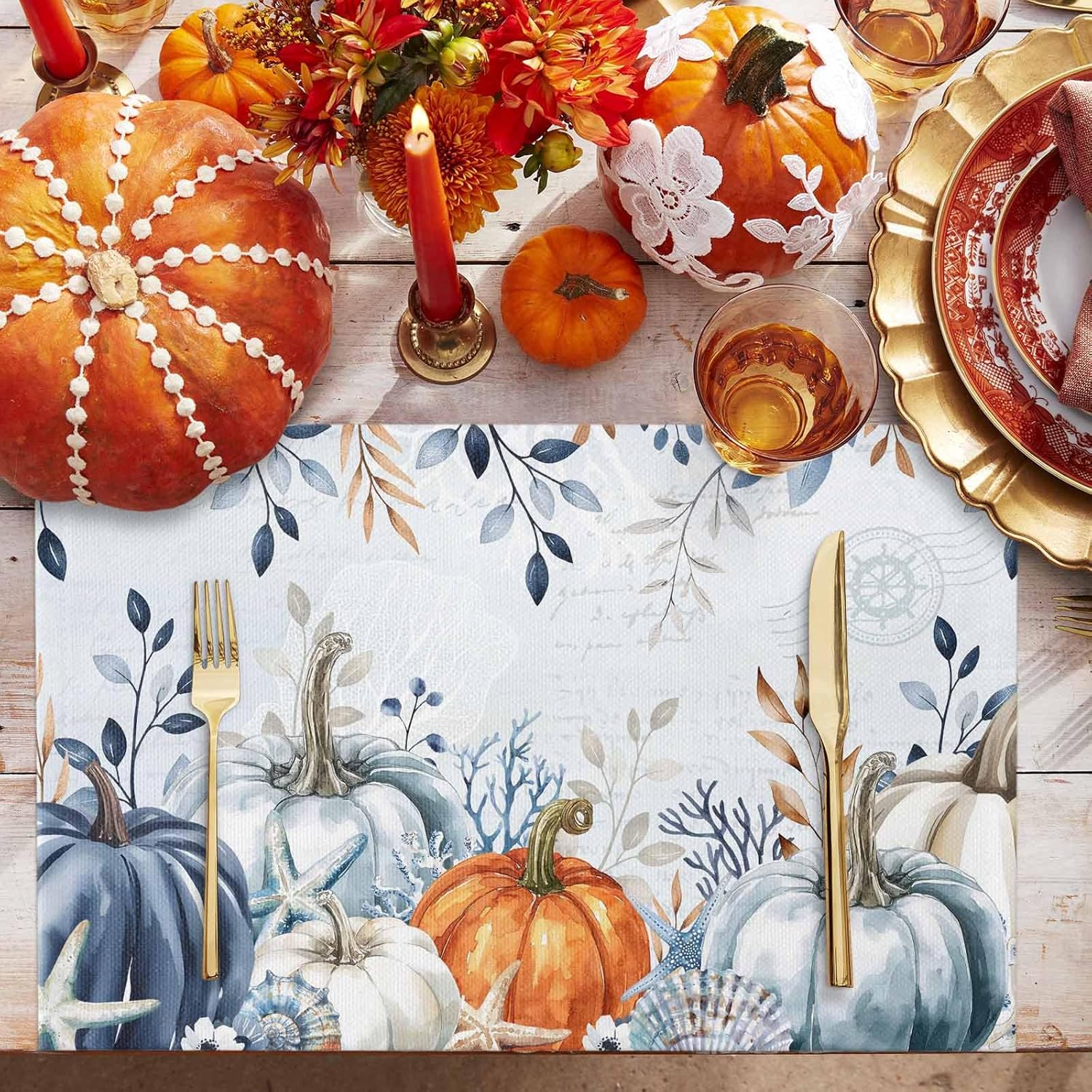 Fall Placemats Set of 6 Blue Pumpkin Starfish Place Mats Thanksgiving Placemat Coral Shell Eucalyptus Leaves Table Mats for Dining Kitchen Table Holiday Dinner Party Home Fall Decorations 13x19 Inch