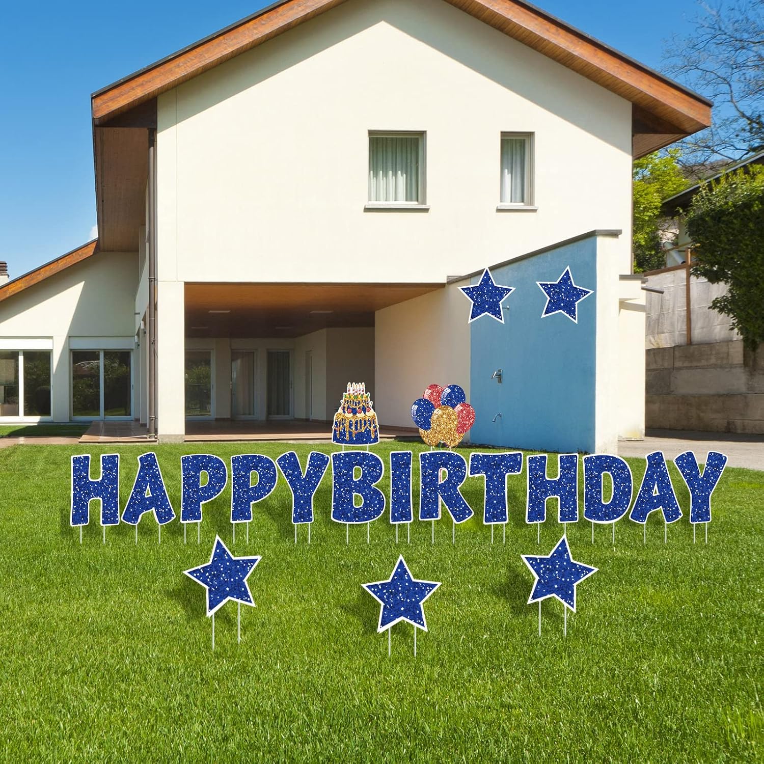 Jetec 18 Pieces Happy Birthday Yard Signs with Stakes, 16 Inches Birthday Outdoor Lawn Signs, Cake Balloon Patio Decorations, Garden Lawn Decorations for Party Outdoor Decor(Blue)