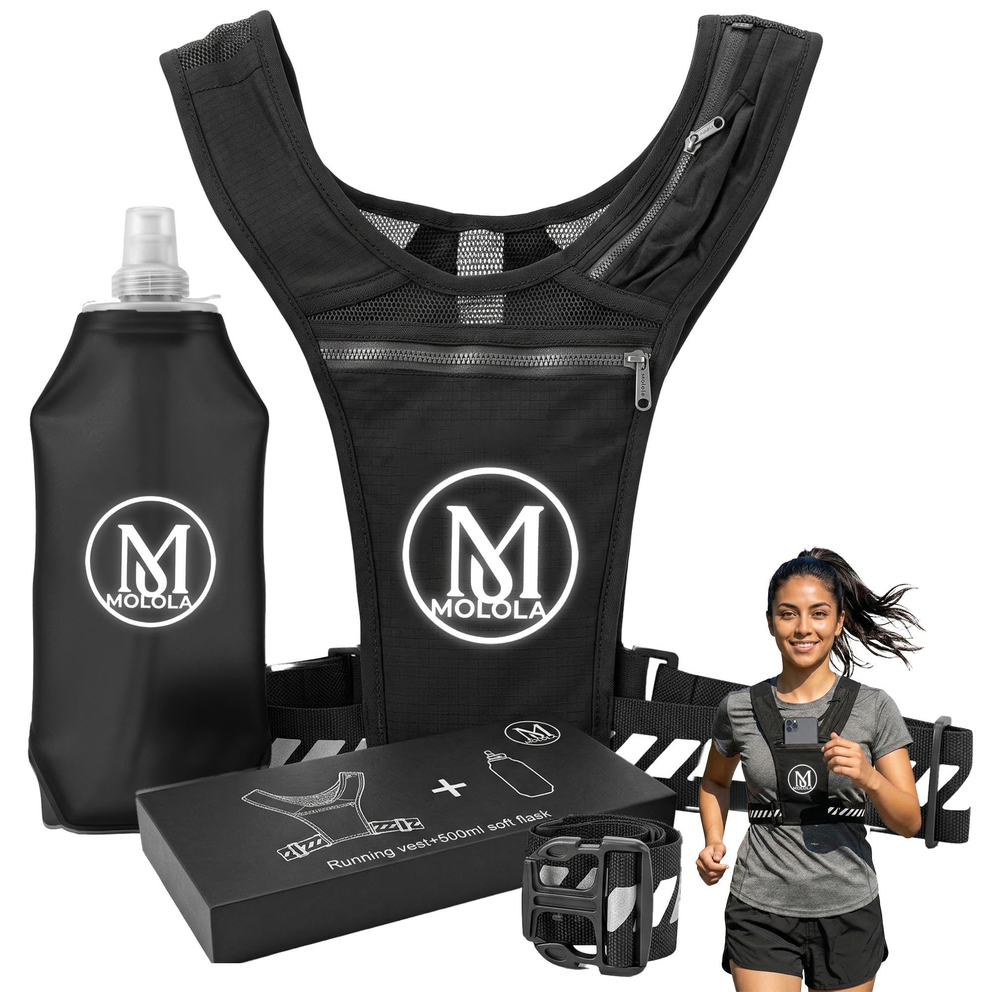 Molola Running Vest with Water Bottle 500ml - Running Vest Women & Men Performance - Running Hydration Vest with Adjustable Chest Straps & 5 Pockets - Reflective Hydration Backpack with Phone Holder
