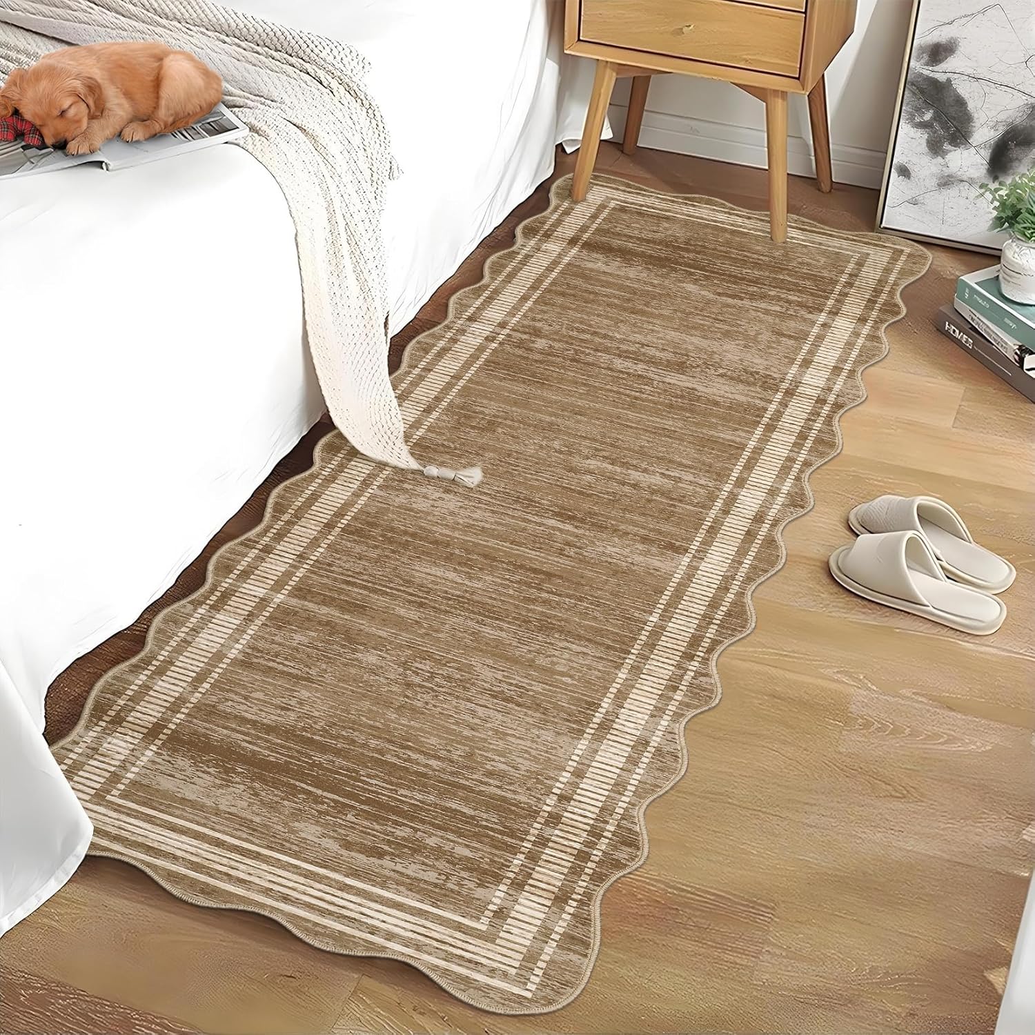 COZYLOOM Large Scalloped Area Rugs 9x12 Washable Modern Living Room Rug with Non-Slip Backing, Contemporary Low Pile Accent Carpet, Stain-Resistant Foldable Floor Cover for Dining Room, Blue