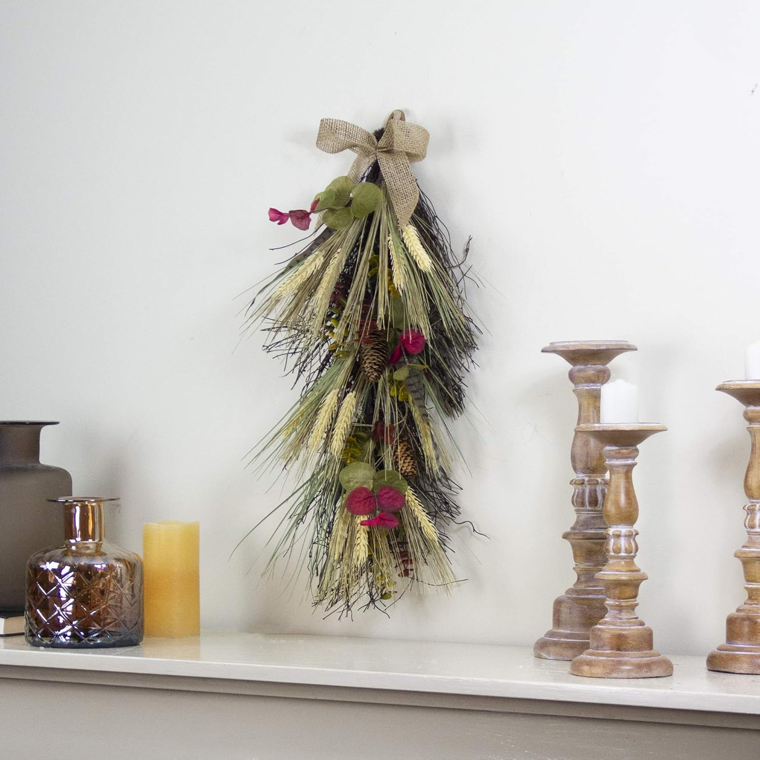 Wheat and Pinecone Artificial Fall Harvest Teardrop Swag with Burlap Bow - 24"