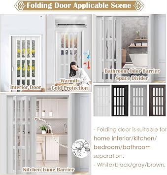 Pvc Folding Door Plastic Interior Accordion Partition Tall 203 CM, Single Double Interior Closet Doors White Bifold Barn Door with Acrylic Panels & Lock Handle, 50 100 120 150 180 200 CM Wide(75x80 in