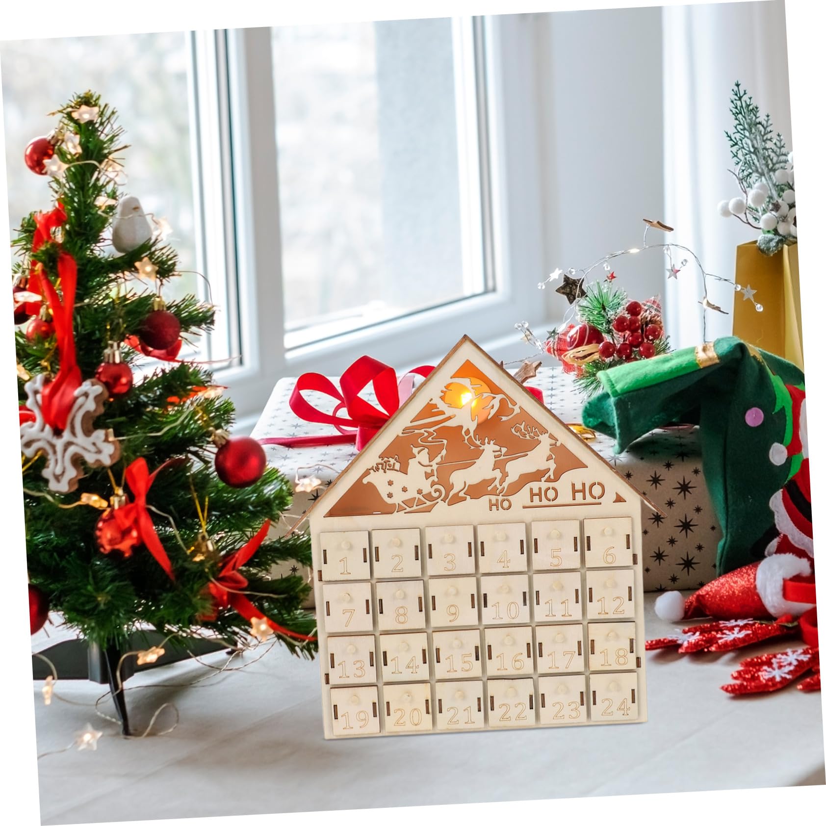 Anneome Holz Adventskalender Tage LED Beleuchtet Nachfüllbar Weihnachtscountdown Rustikales Tischdeko Festliches Dorf DIY Füllbare für Familienfreude